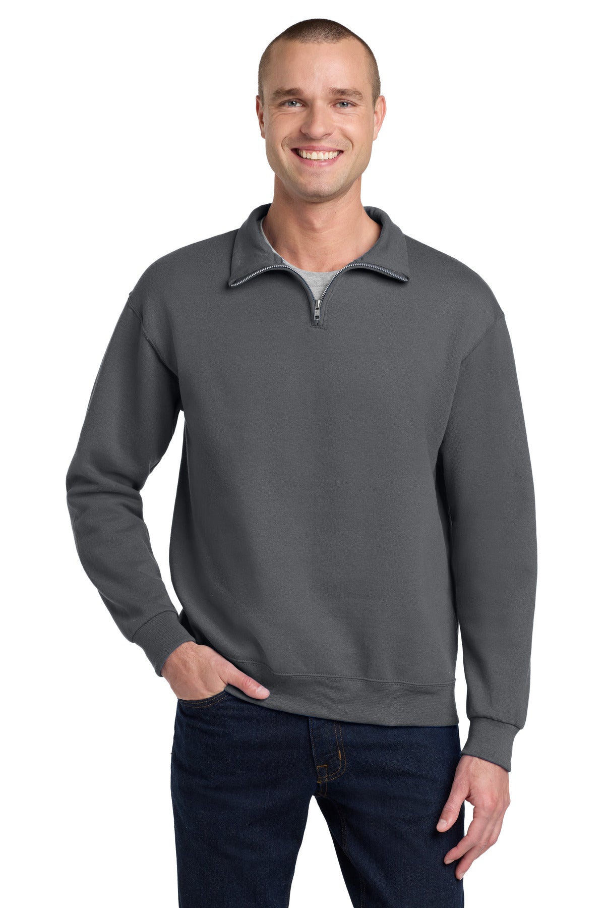 Custom Charcoal Grey NuBlend 1/4-Zip Cadet Collar Sweatshirt 995M, personalized by SanCanDo Swag in Argyle, TX