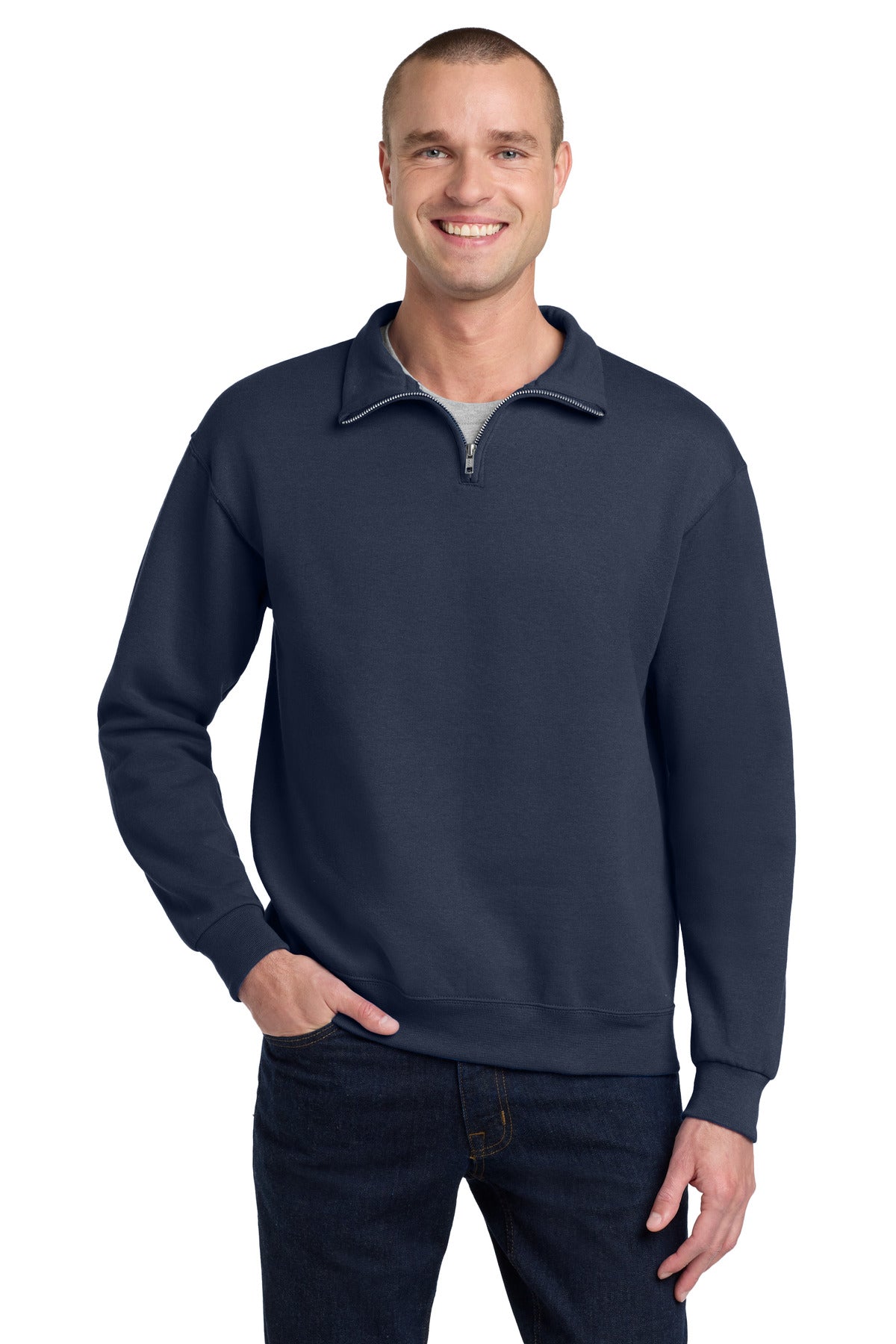 Custom J. Navy NuBlend 1/4-Zip Cadet Collar Sweatshirt 995M, personalized by SanCanDo Swag in Argyle, TX