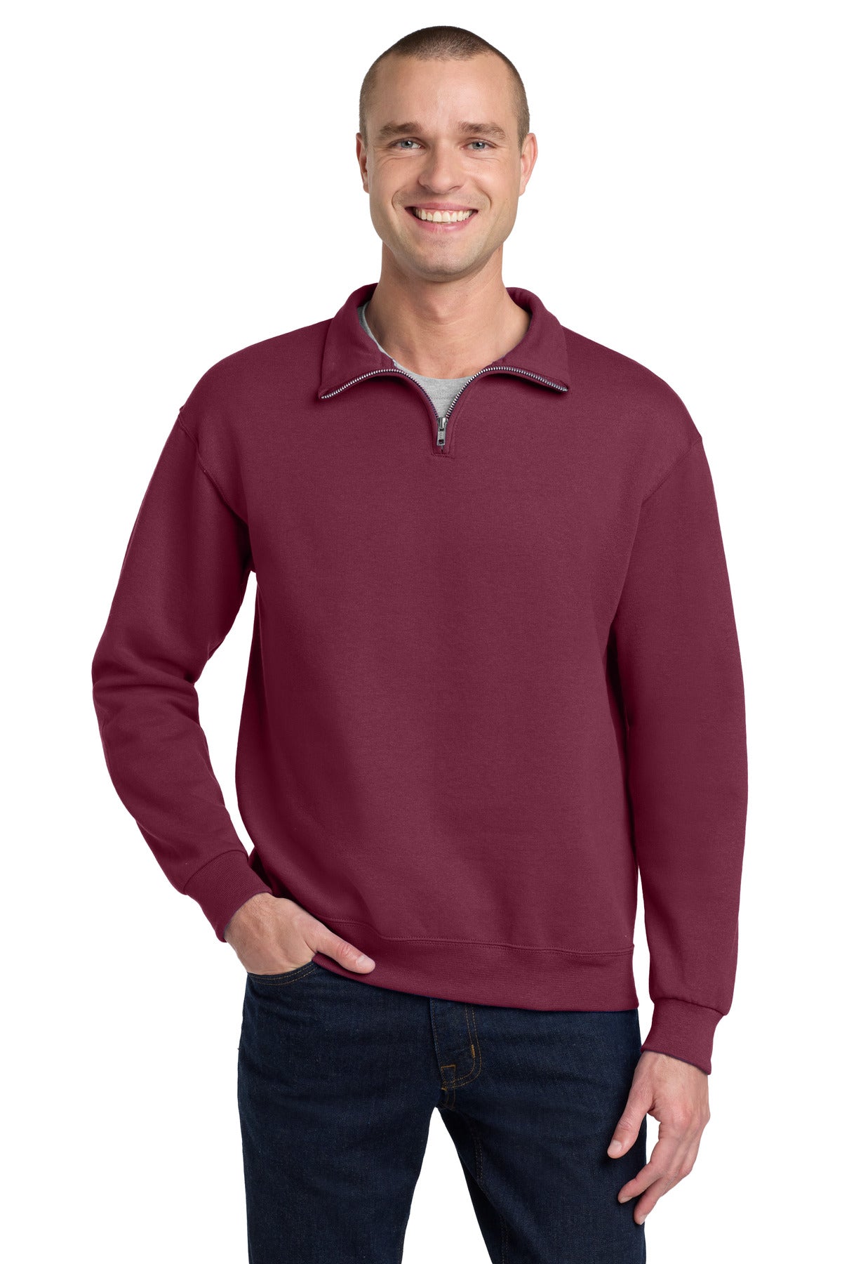 Custom Maroon NuBlend 1/4-Zip Cadet Collar Sweatshirt 995M, personalized by SanCanDo Swag in Argyle, TX