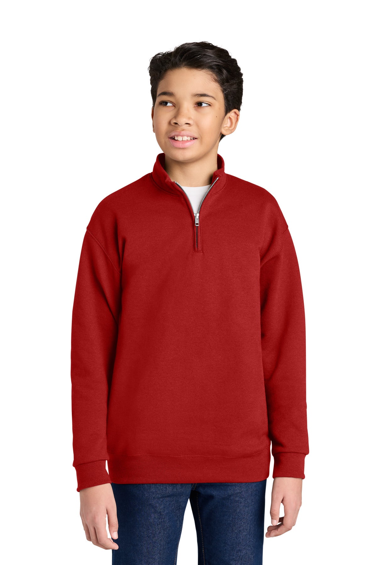 Custom True Red NuBlend 1/4-Zip Cadet Collar Sweatshirt 995Y, personalized by SanCanDo Swag in Argyle, TX