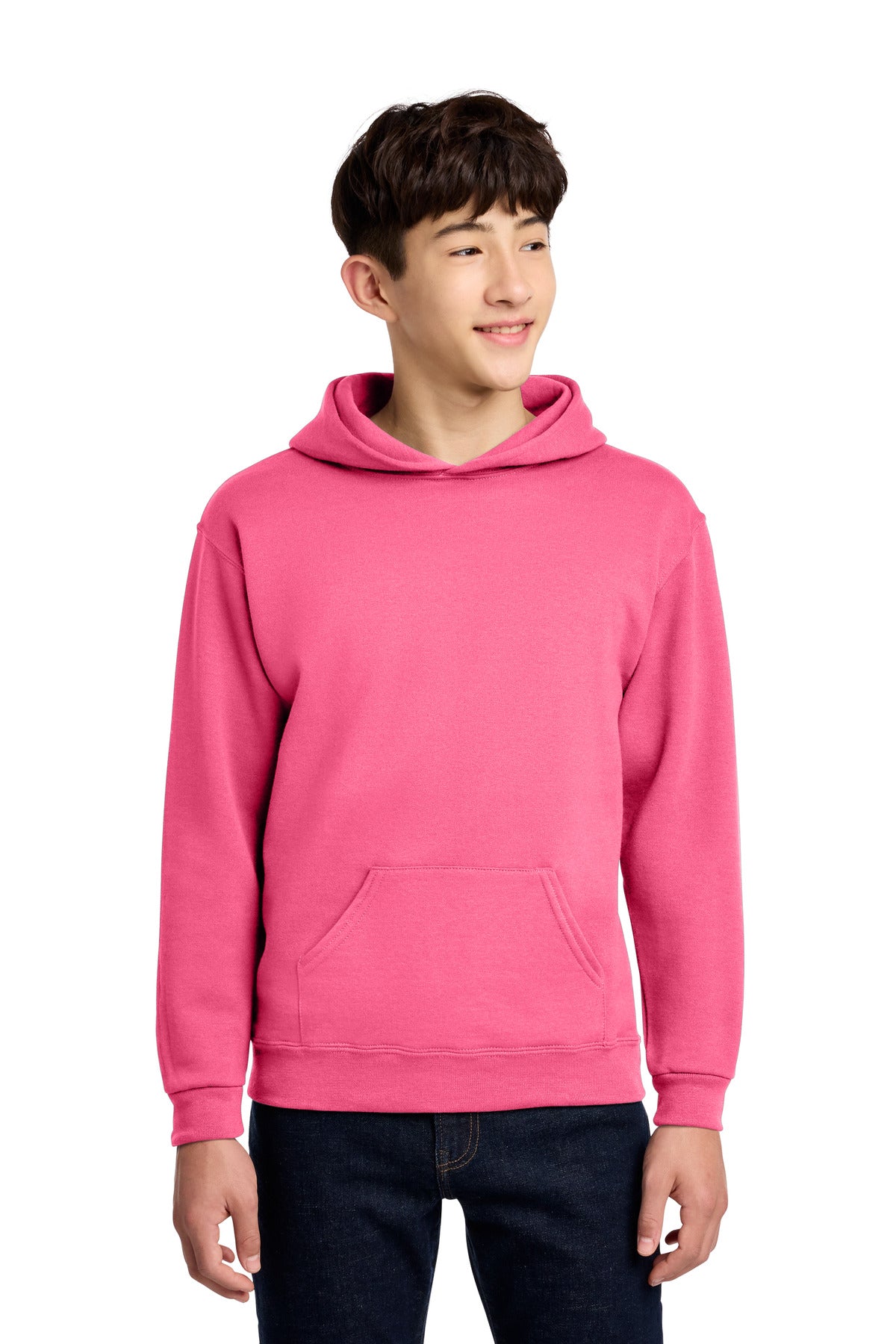 Custom Neon Pink Youth NuBlend Hoodie 996Y, personalized by SanCanDo Swag in Argyle, TX