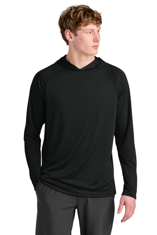 Custom Black Cooling Performance Long Sleeve Hooded Tee A4N3409, personalized by SanCanDo Swag in Argyle, TX