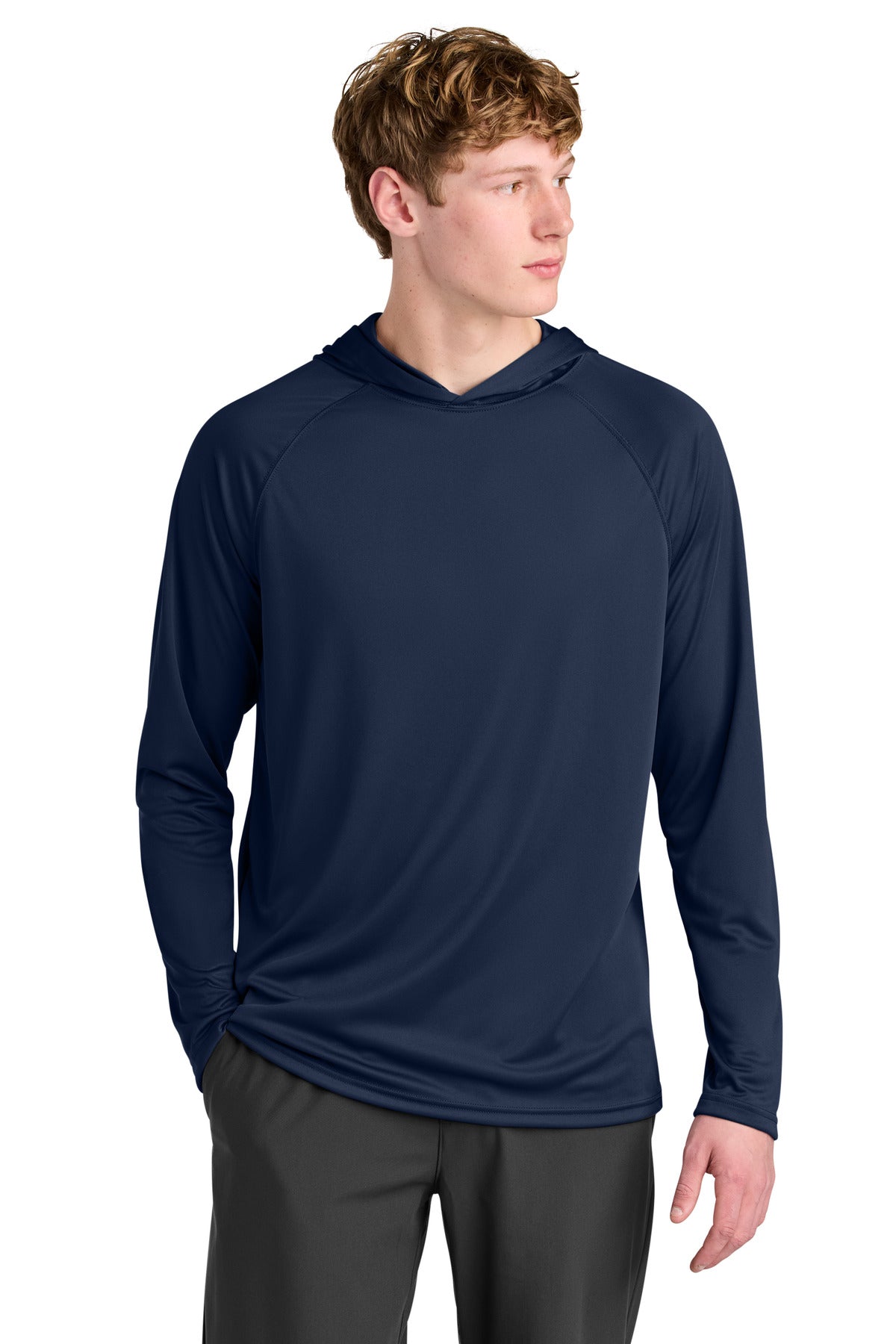 Custom Navy Cooling Performance Long Sleeve Hooded Tee A4N3409, personalized by SanCanDo Swag in Argyle, TX