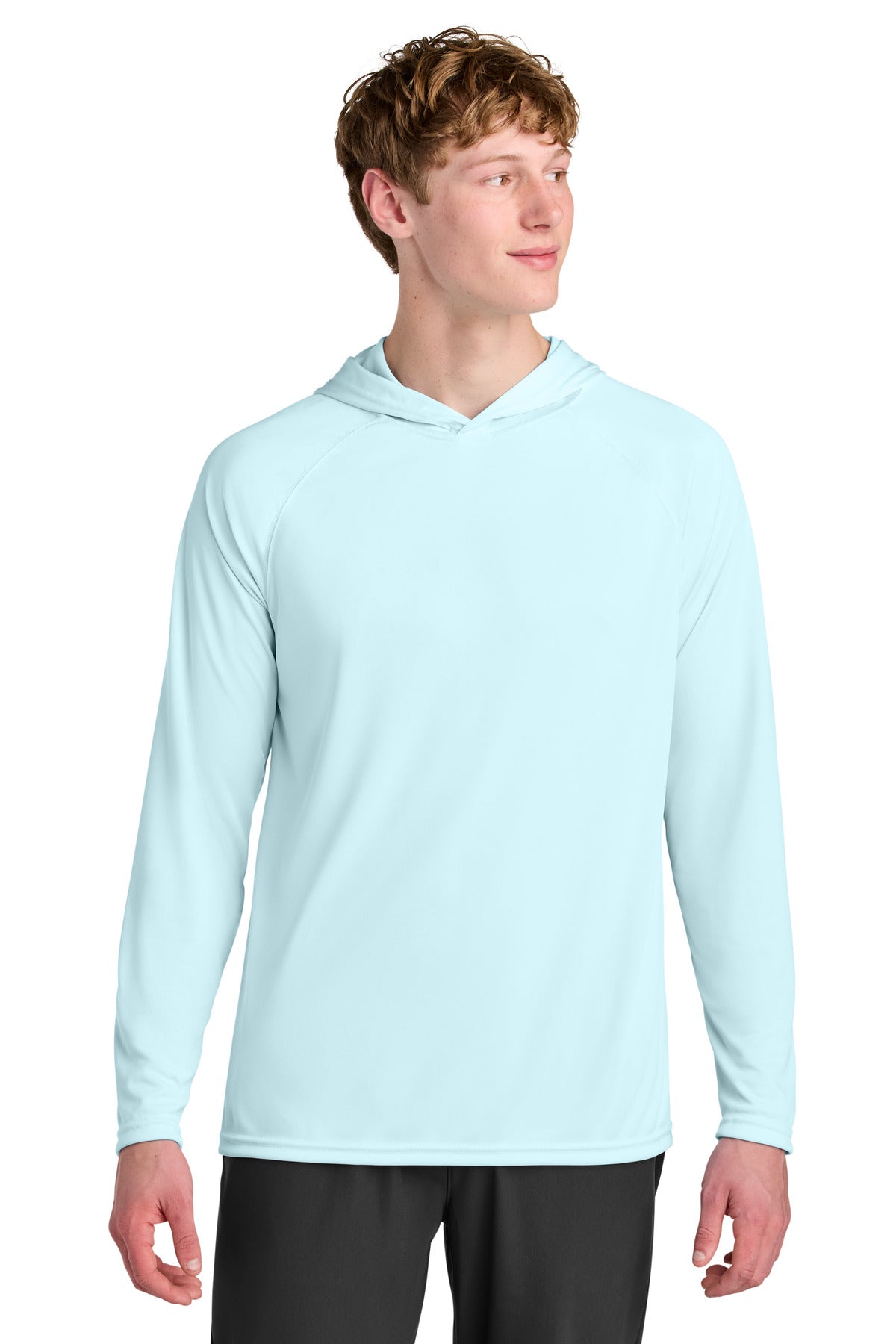 Custom Pastel Blue Cooling Performance Long Sleeve Hooded Tee A4N3409, personalized by SanCanDo Swag in Argyle, TX
