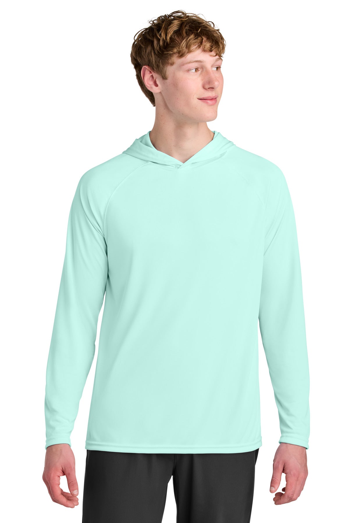 Custom Pastel Mint Cooling Performance Long Sleeve Hooded Tee A4N3409, personalized by SanCanDo Swag in Argyle, TX