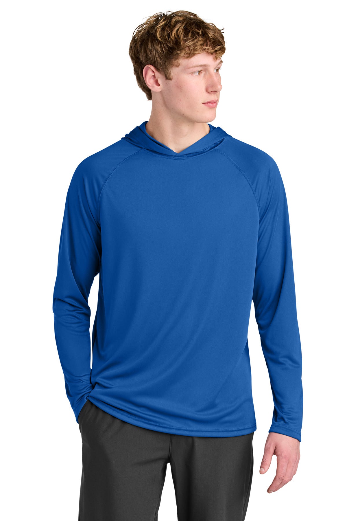 Custom Royal Cooling Performance Long Sleeve Hooded Tee A4N3409, personalized by SanCanDo Swag in Argyle, TX