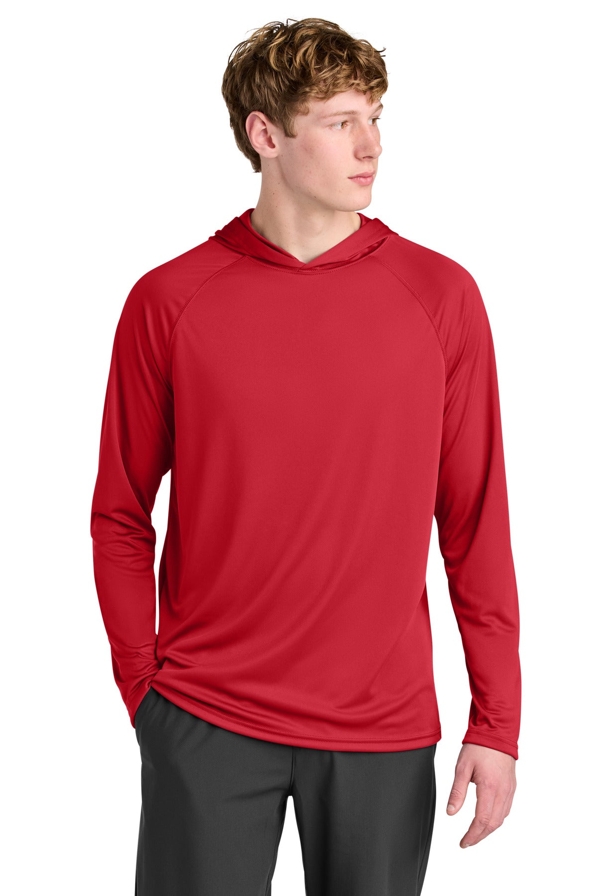 Custom Scarlet Cooling Performance Long Sleeve Hooded Tee A4N3409, personalized by SanCanDo Swag in Argyle, TX