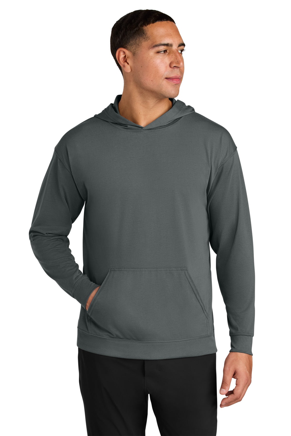 Custom Graphite Softek Long Sleeve Hooded Tee A4N3528, personalized by SanCanDo Swag in Argyle, TX