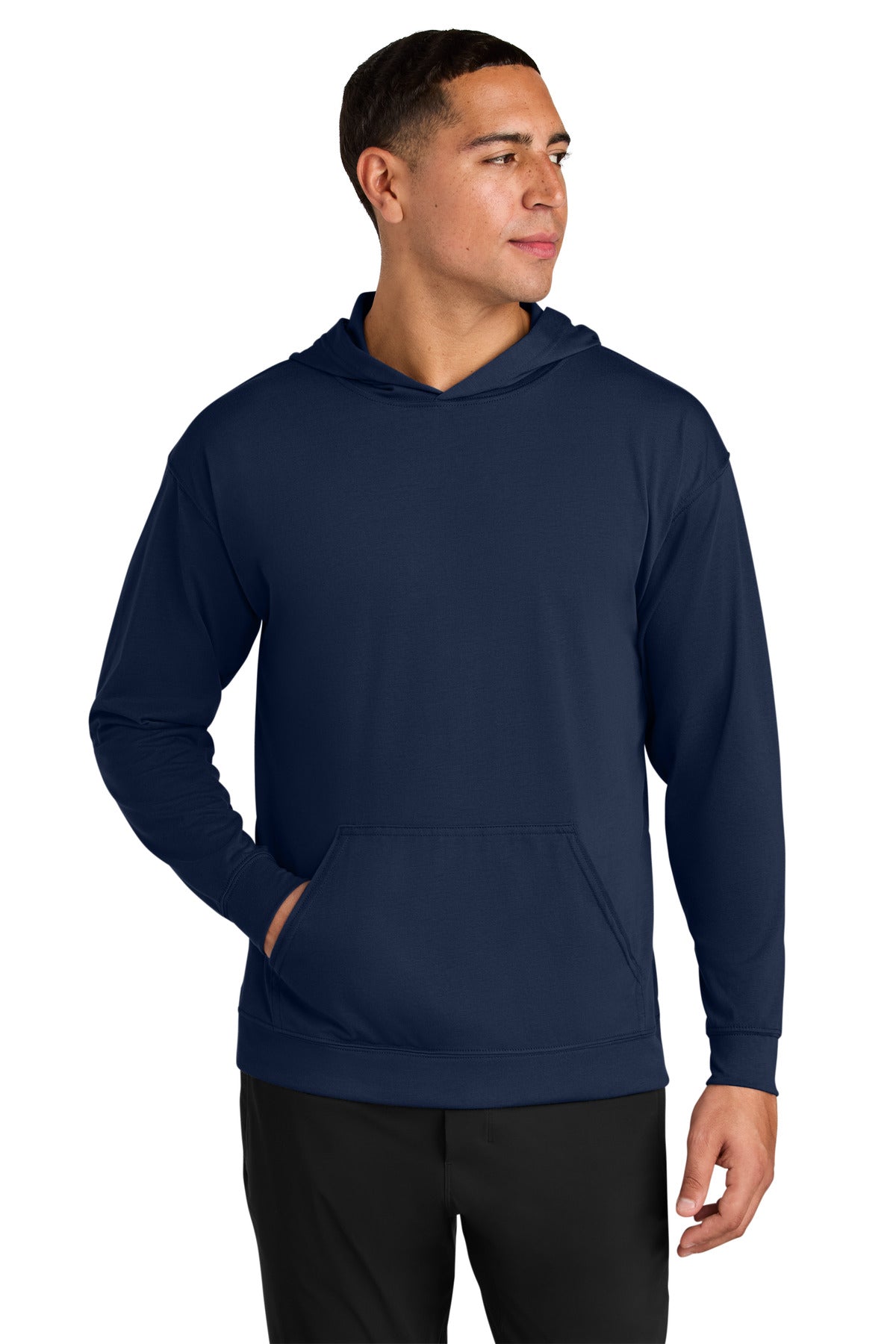 Custom Navy Softek Long Sleeve Hooded Tee A4N3528, personalized by SanCanDo Swag in Argyle, TX