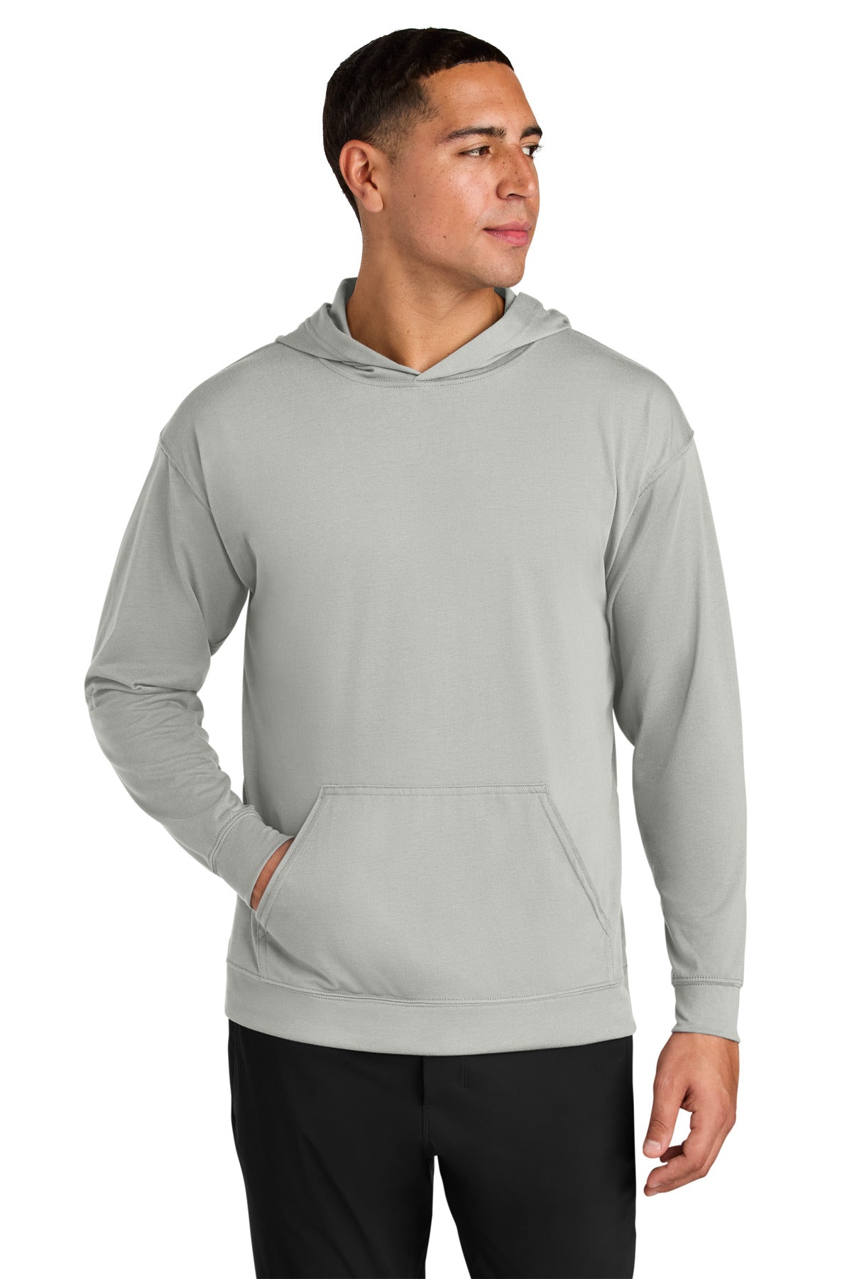 Custom Silver Softek Long Sleeve Hooded Tee A4N3528, personalized by SanCanDo Swag in Argyle, TX