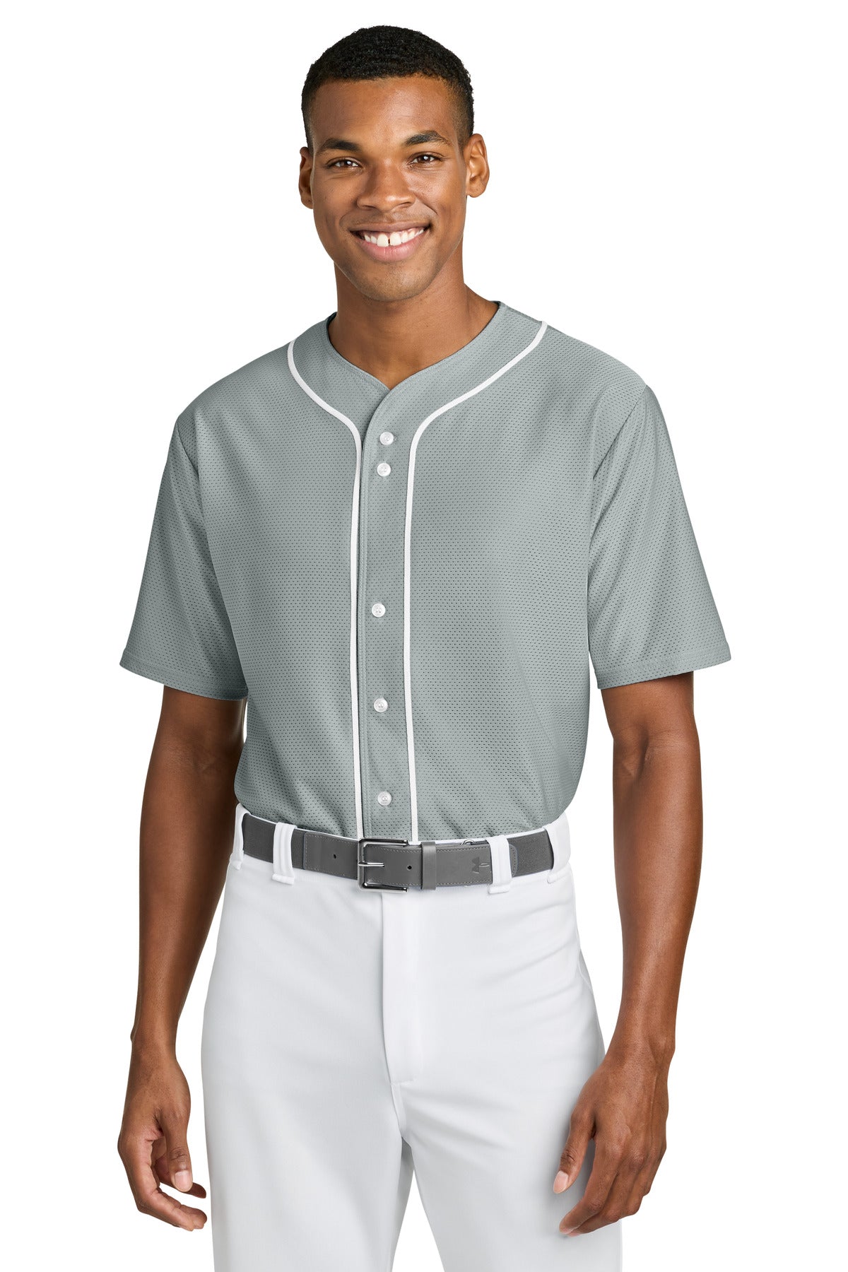 Custom Grey Short Sleeve Full-Button Baseball Top A4N4184, personalized by SanCanDo Swag in Argyle, TX