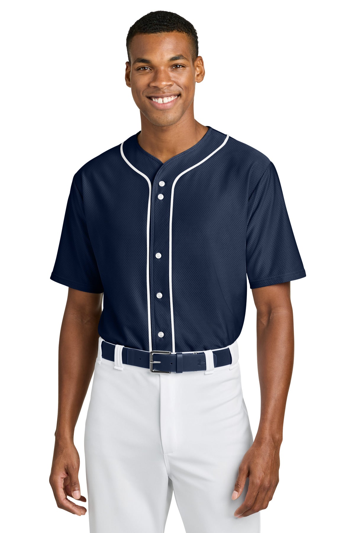 Custom Navy Short Sleeve Full-Button Baseball Top A4N4184, personalized by SanCanDo Swag in Argyle, TX