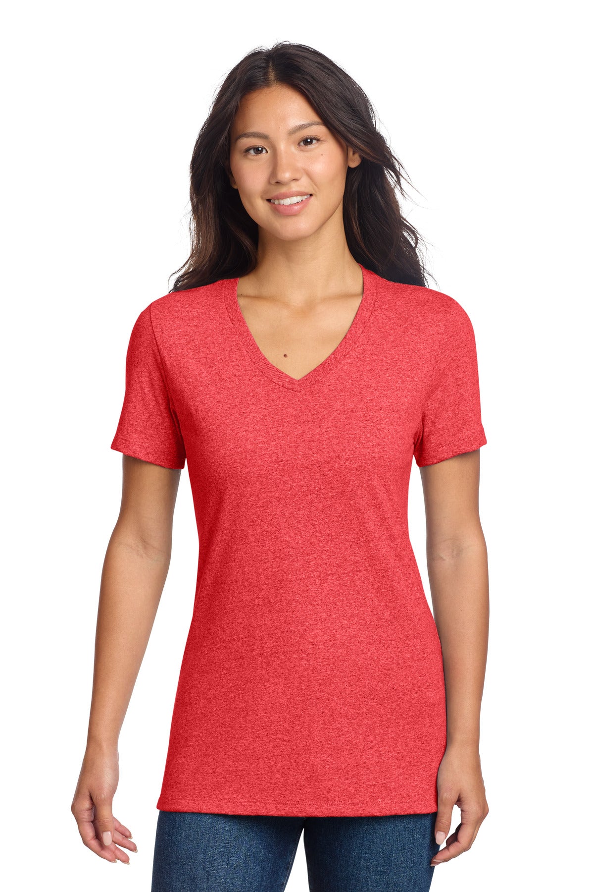 Custom Reclaimed Red Heather Women's Recycled Blend V-Neck Tee AL2303, personalized by SanCanDo Swag in Argyle, TX