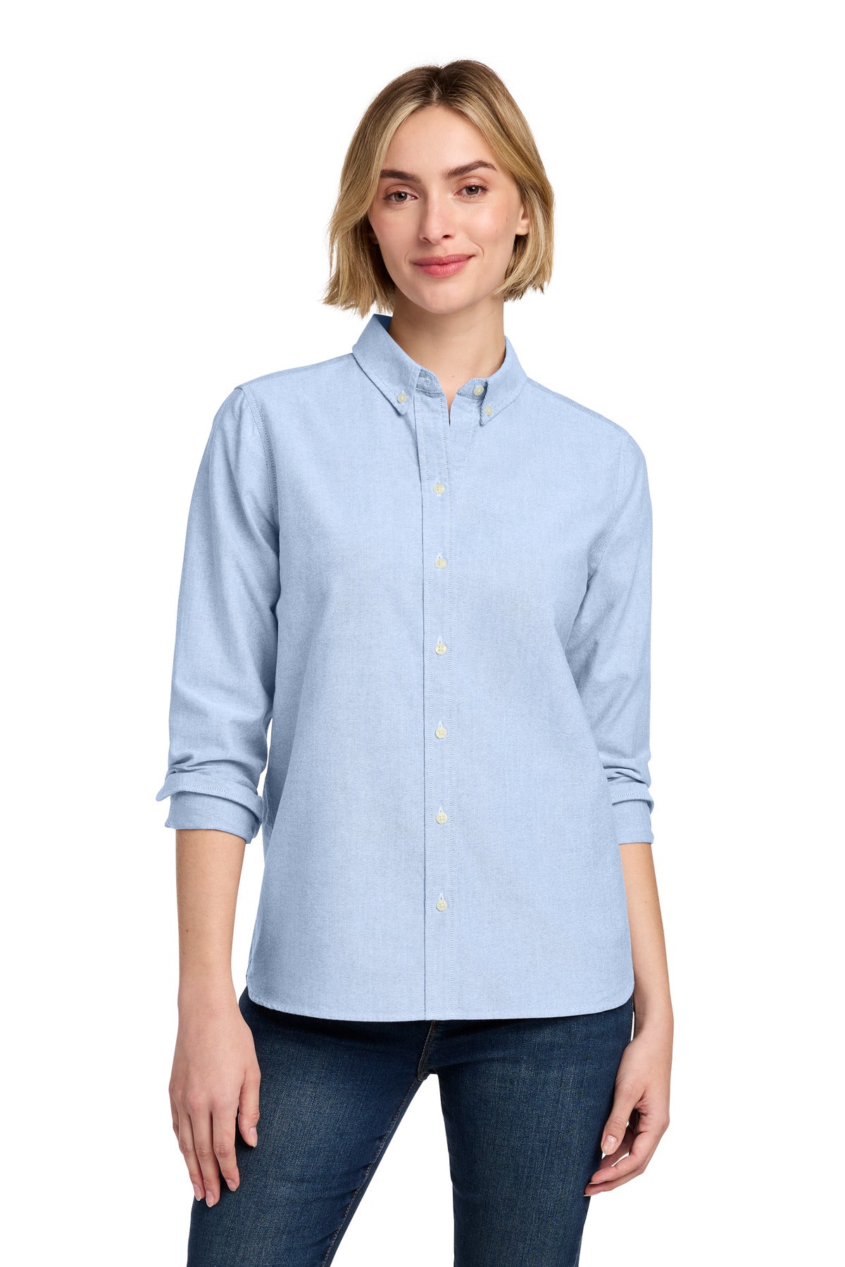 Custom Newport Blue Women's Casual Oxford Cloth Shirt BB18005, personalized by SanCanDo Swag in Argyle, TX