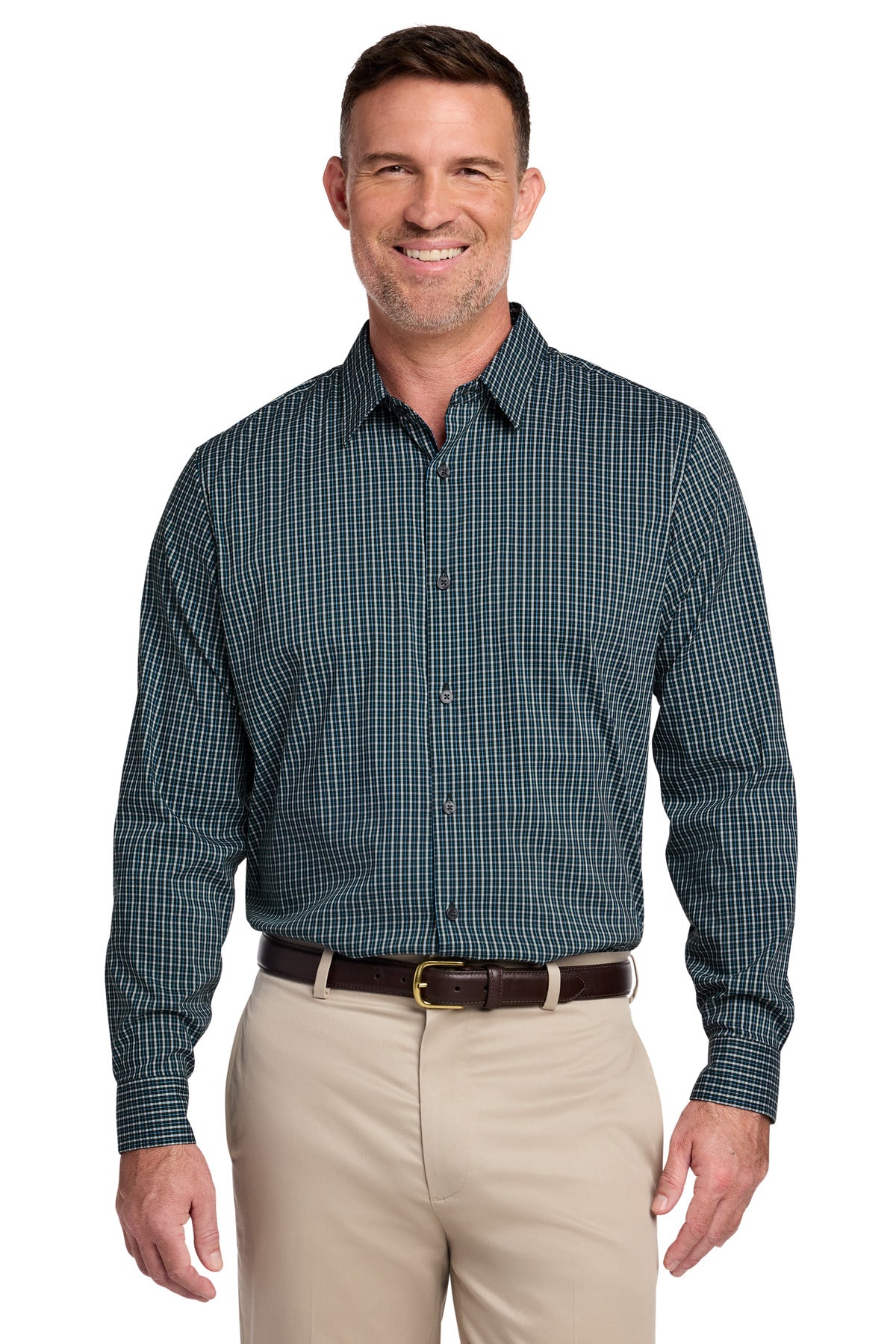 Custom Dark Pine Multi Check Tech Stretch Patterned Shirt BB18006, personalized by SanCanDo Swag in Argyle, TX