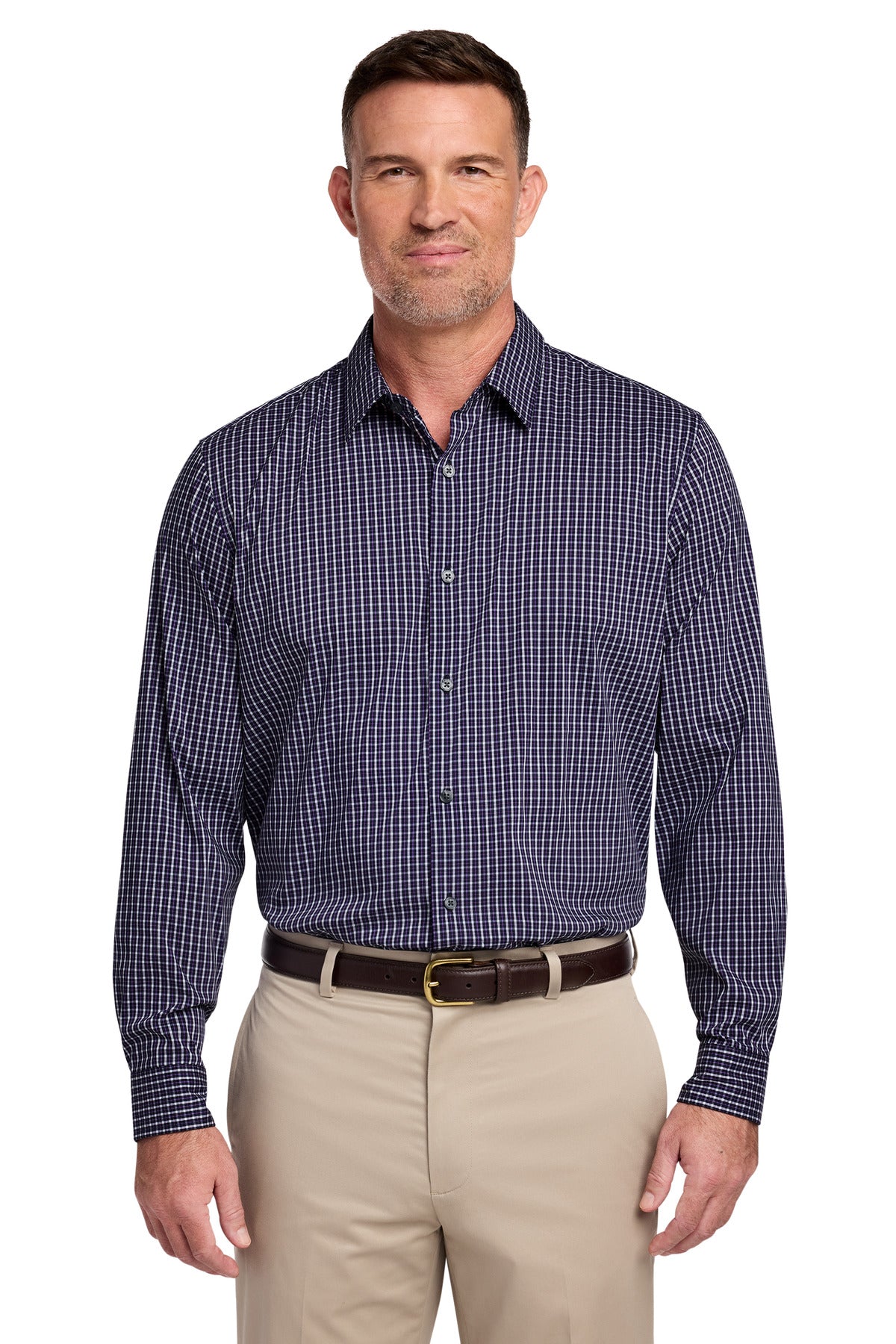 Custom Navy Blazer Multi Check Tech Stretch Patterned Shirt BB18006, personalized by SanCanDo Swag in Argyle, TX