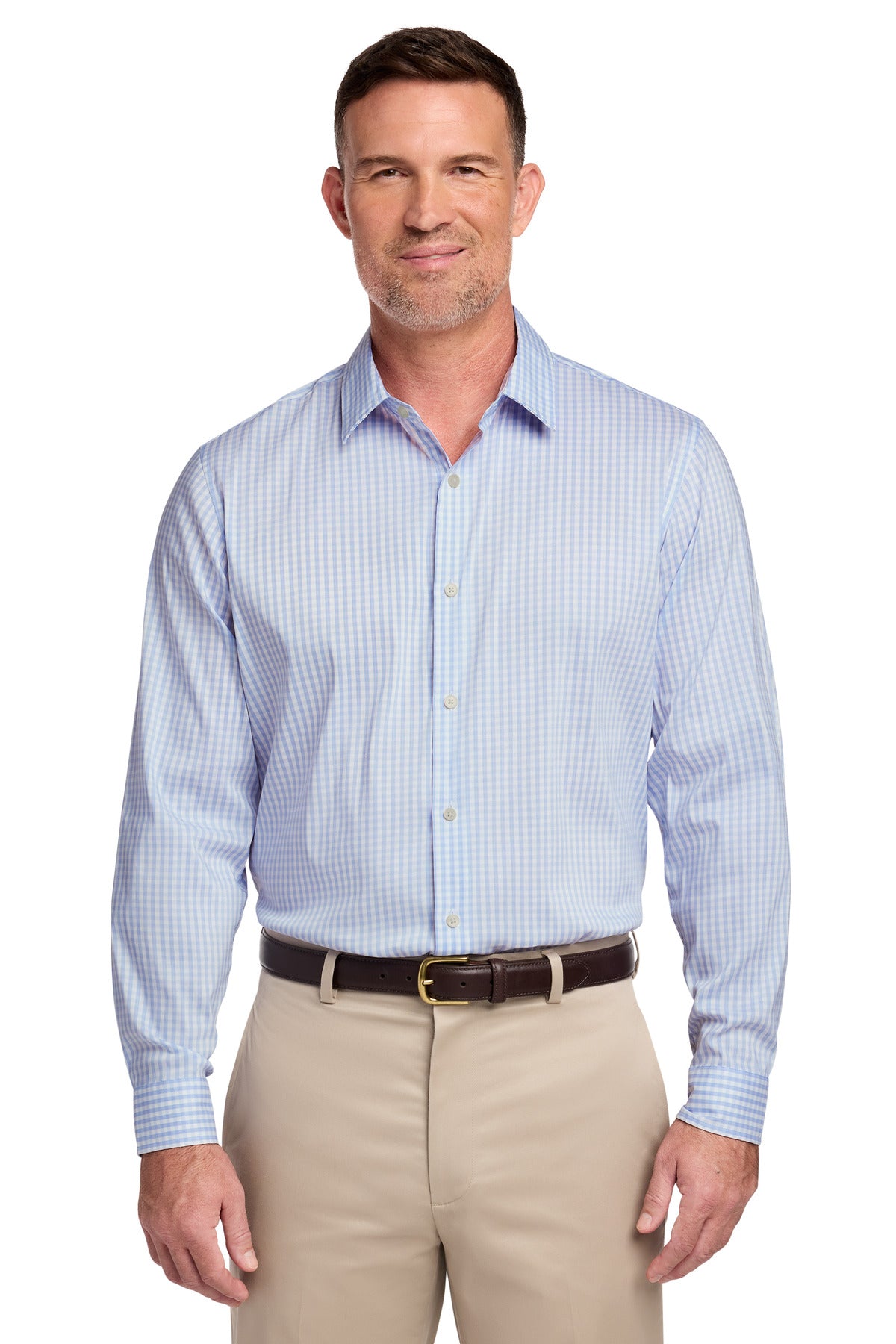 Custom Newport Blue/ Pearl Pink Fine Check Tech Stretch Patterned Shirt BB18006, personalized by SanCanDo Swag in Argyle, TX