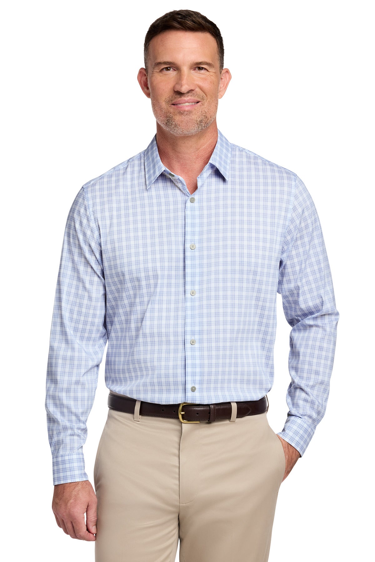 Custom White/ Newport Blue Grid Check Tech Stretch Patterned Shirt BB18006, personalized by SanCanDo Swag in Argyle, TX