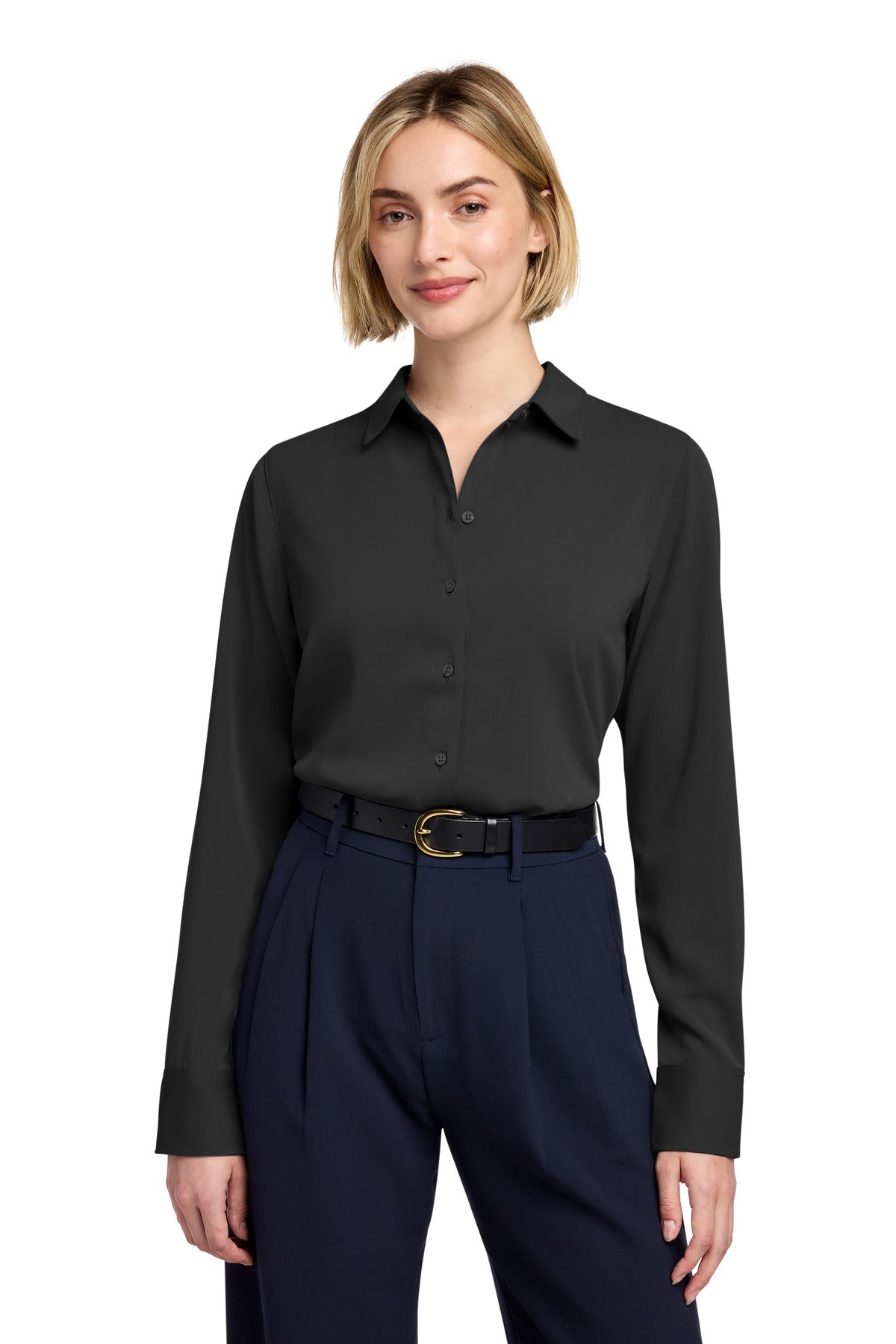 Custom Deep Black Women's Full-Button Satin Blouse BB18007, personalized by SanCanDo Swag in Argyle, TX