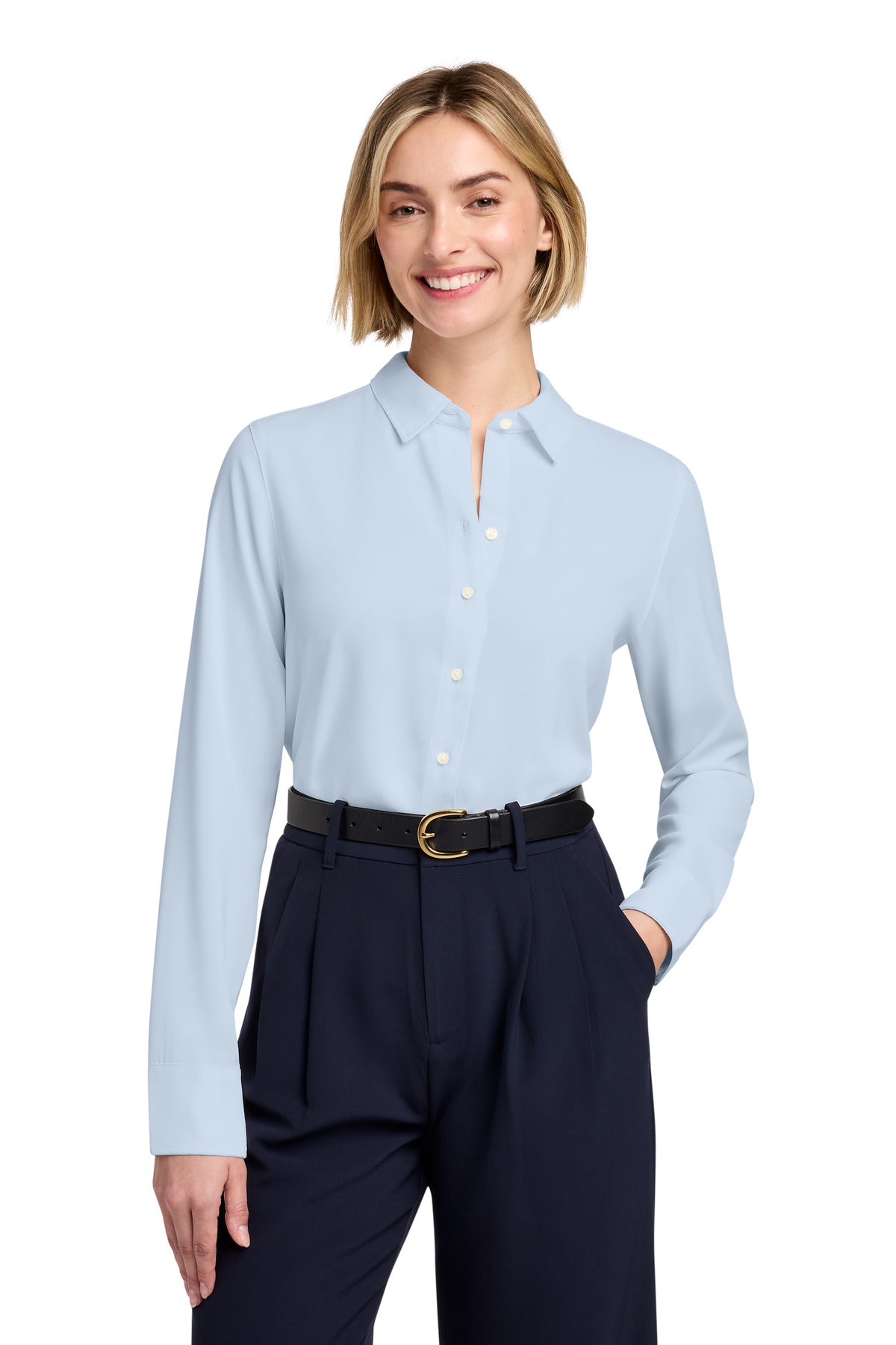 Custom Heritage Blue Women's Full-Button Satin Blouse BB18007, personalized by SanCanDo Swag in Argyle, TX