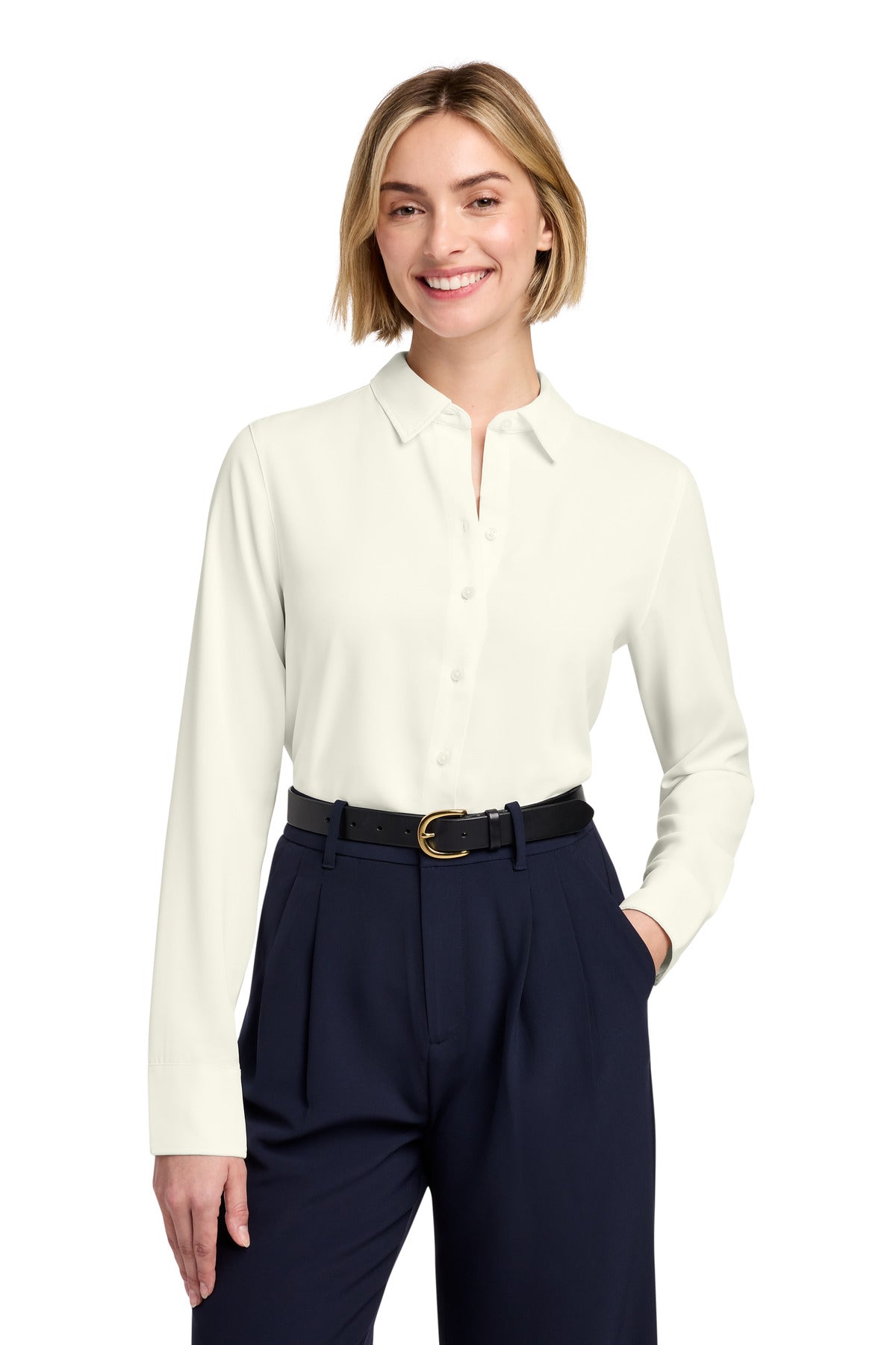 Custom Off White Women's Full-Button Satin Blouse BB18007, personalized by SanCanDo Swag in Argyle, TX