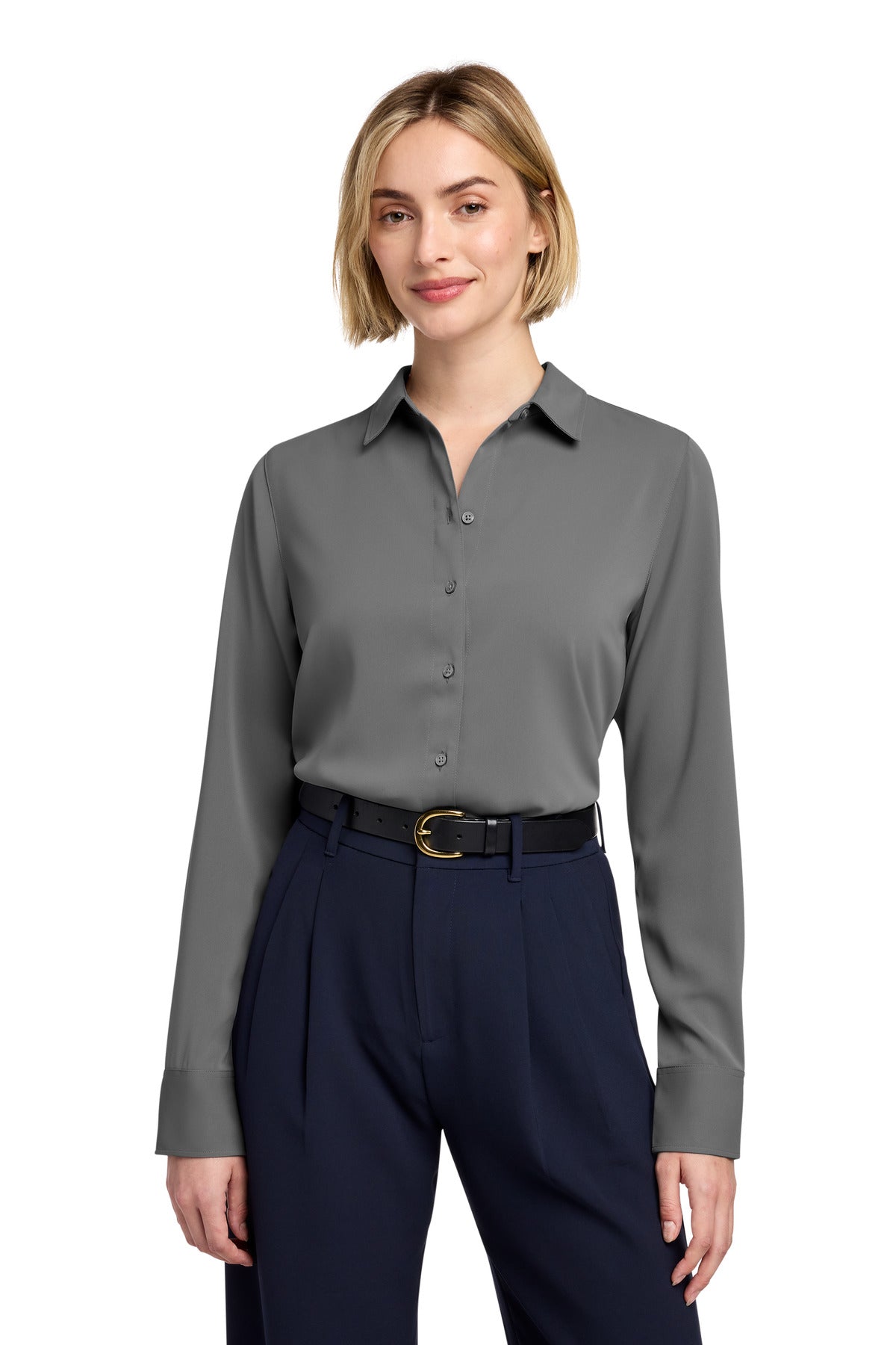 Custom Shadow Grey Women's Full-Button Satin Blouse BB18007, personalized by SanCanDo Swag in Argyle, TX