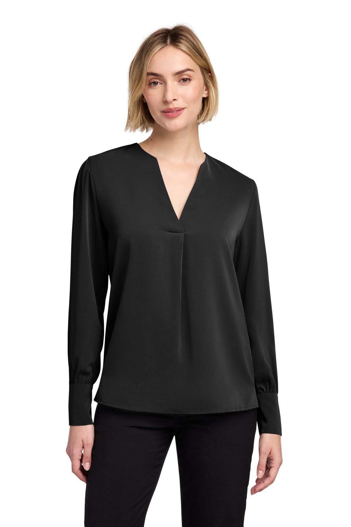 Custom Deep Black Women's Open-Neck Satin Blouse BB18009, personalized by SanCanDo Swag in Argyle, TX