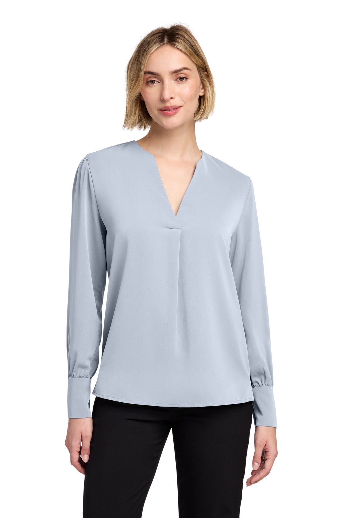 Custom Heritage Blue Women's Open-Neck Satin Blouse BB18009, personalized by SanCanDo Swag in Argyle, TX