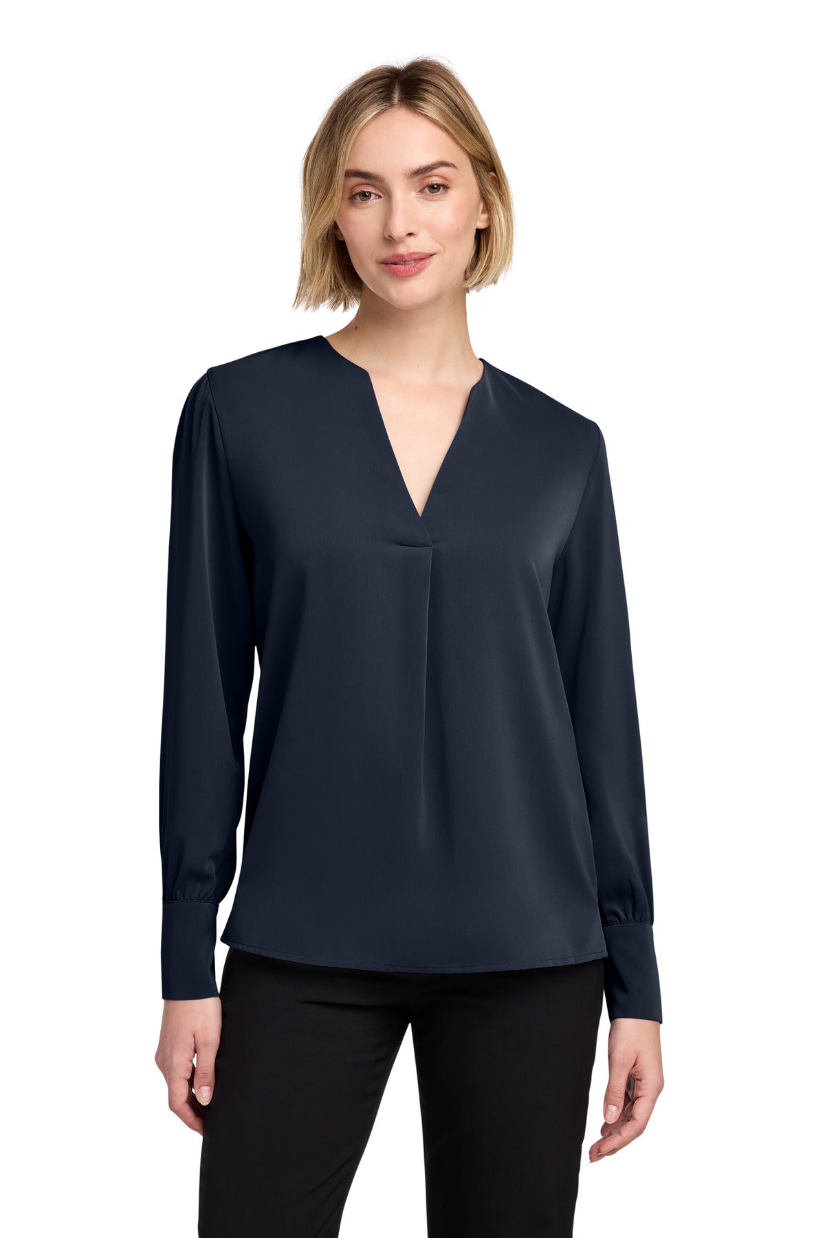 Custom Night Navy Women's Open-Neck Satin Blouse BB18009, personalized by SanCanDo Swag in Argyle, TX