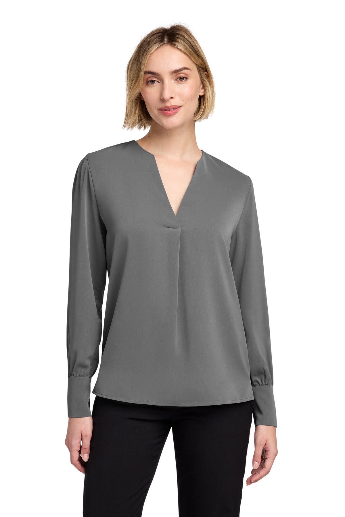 Custom Shadow Grey Women's Open-Neck Satin Blouse BB18009, personalized by SanCanDo Swag in Argyle, TX