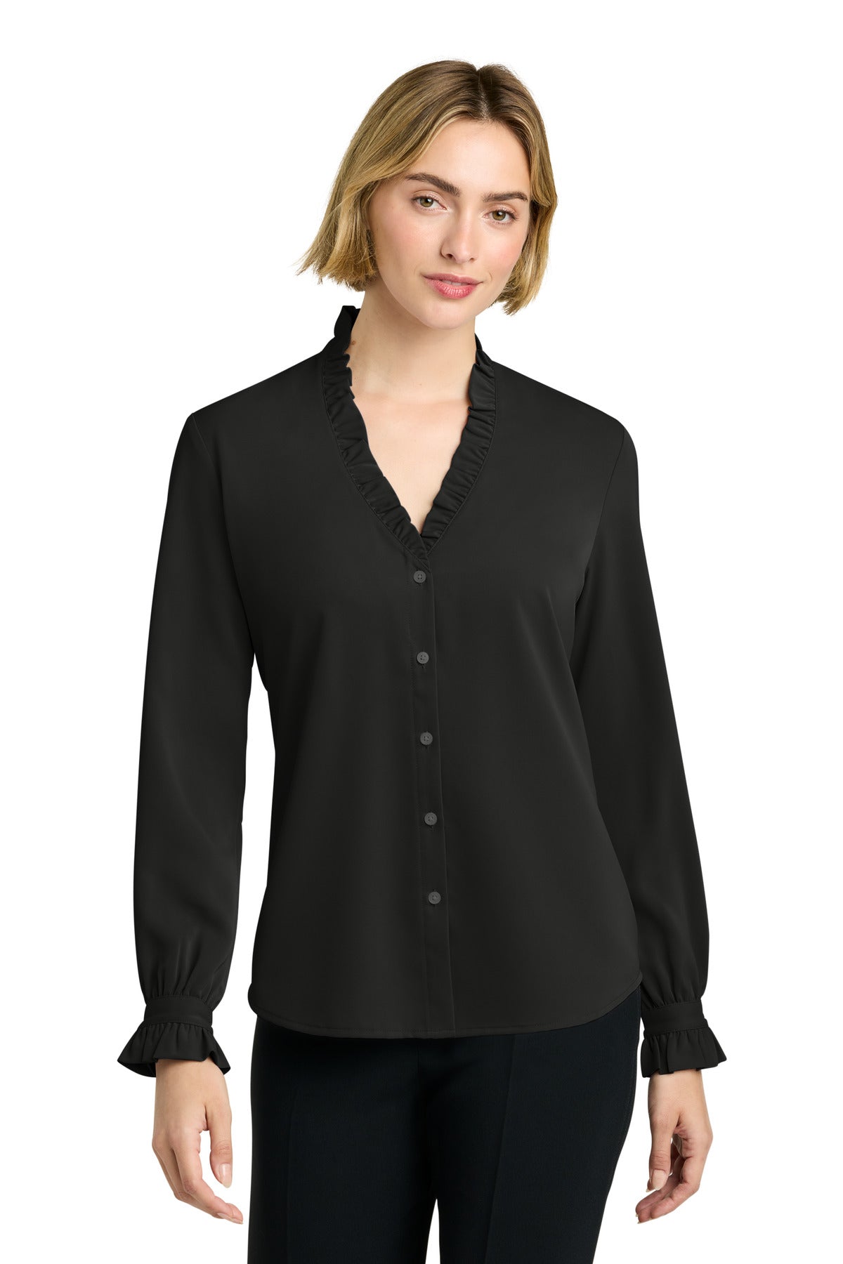 Custom Deep Black Women's Long Sleeve Ruffle Collar Blouse BB18011, personalized by SanCanDo Swag in Argyle, TX