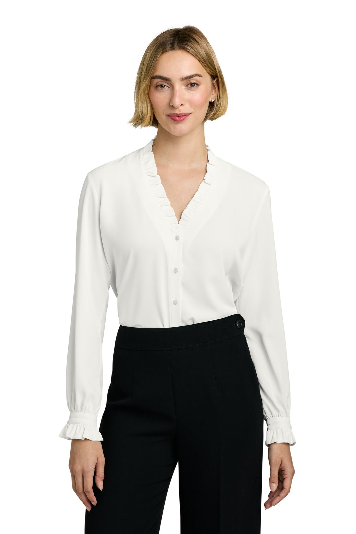 Custom Off White Women's Long Sleeve Ruffle Collar Blouse BB18011, personalized by SanCanDo Swag in Argyle, TX