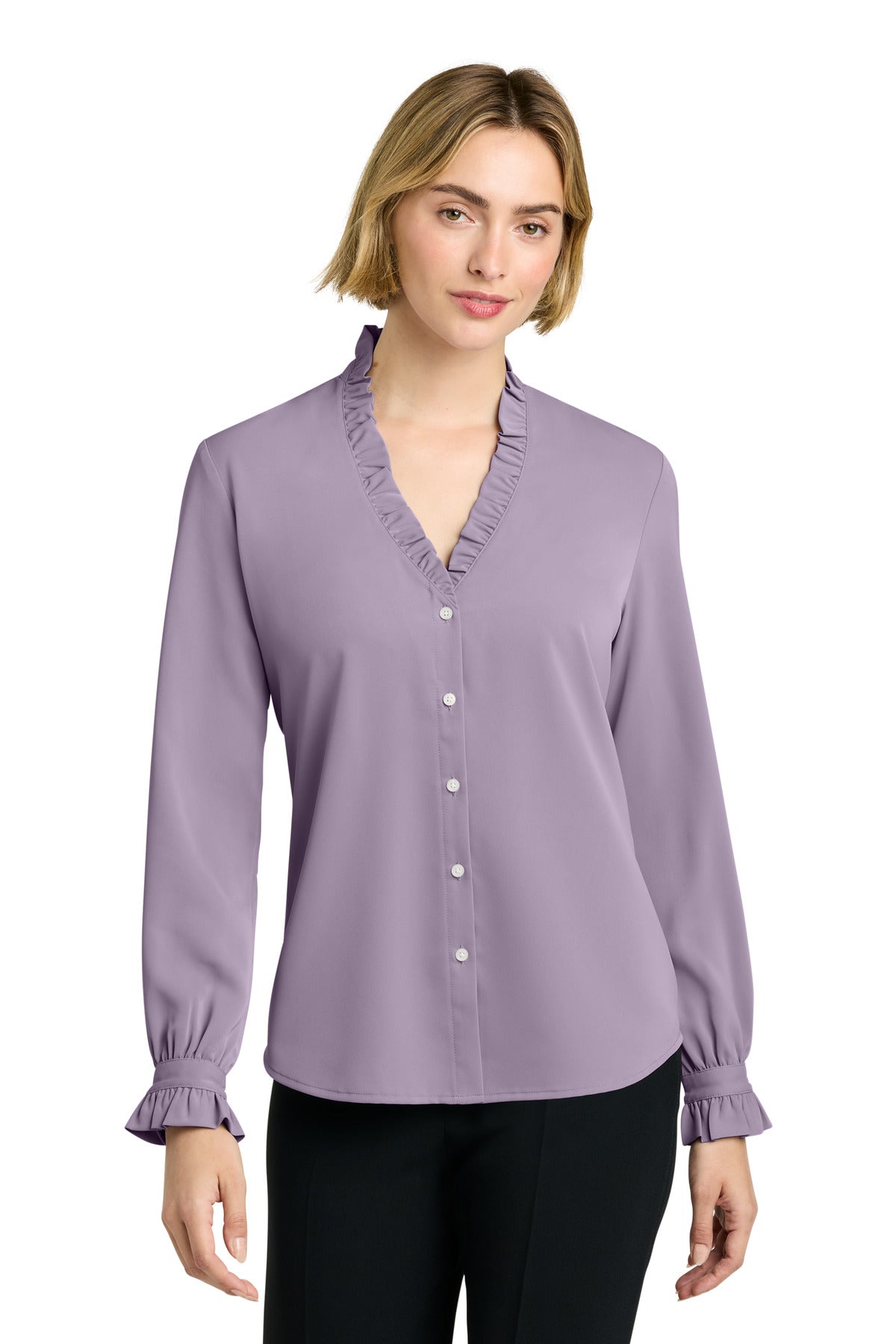 Custom Purple Ash Women's Long Sleeve Ruffle Collar Blouse BB18011, personalized by SanCanDo Swag in Argyle, TX