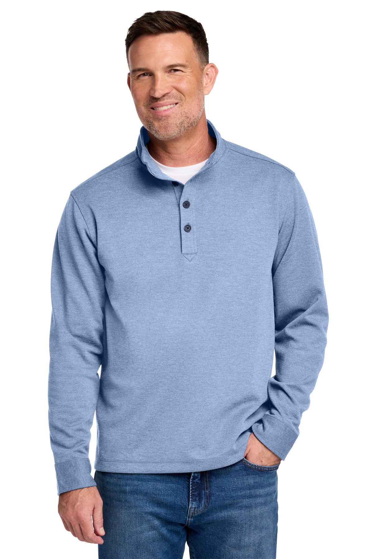 Custom Aegean Blue Heather Mid-Layer Stretch 1/2-Button BB18202, personalized by SanCanDo Swag in Argyle, TX