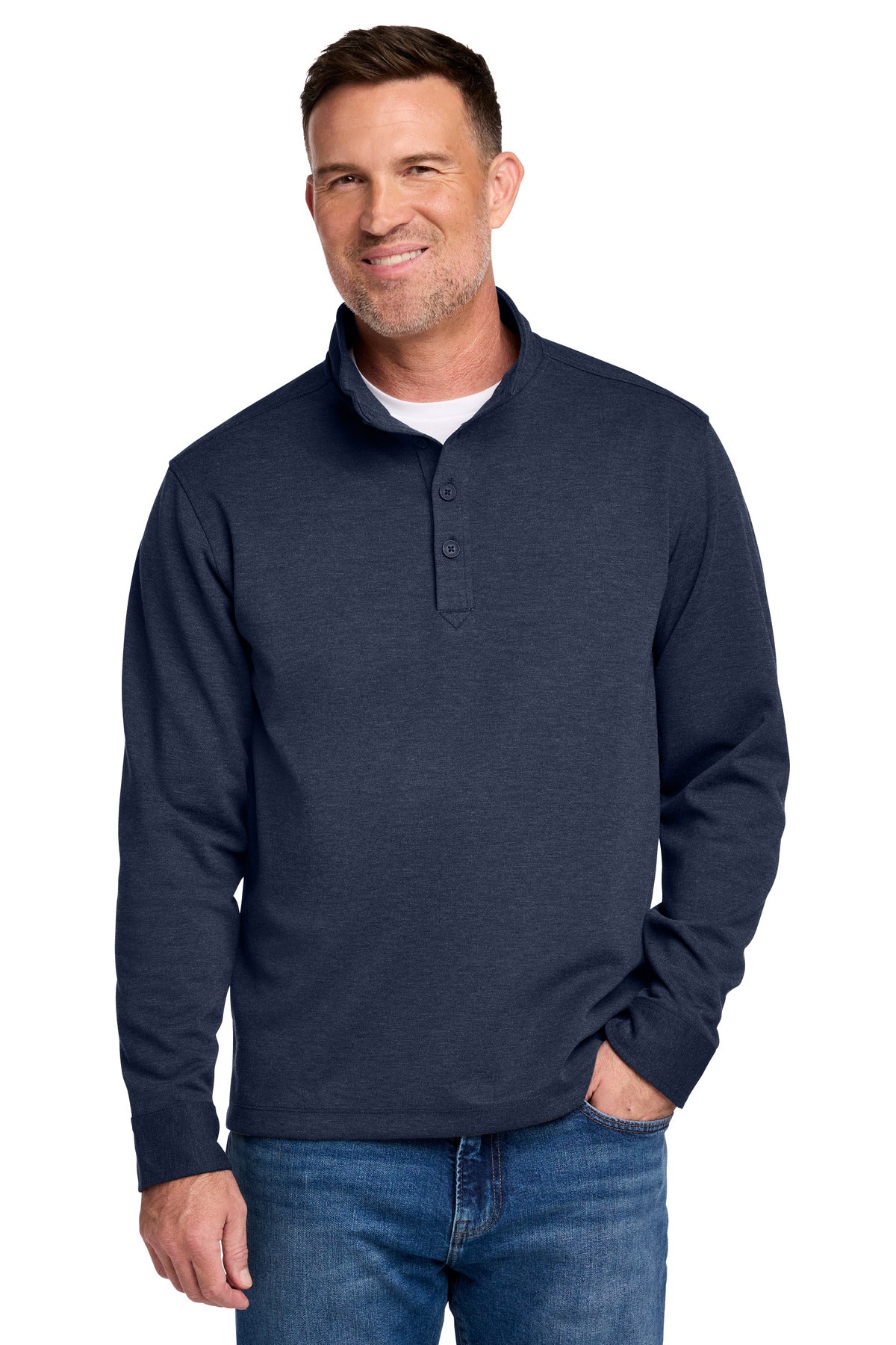 Custom Navy Blazer Heather Mid-Layer Stretch 1/2-Button BB18202, personalized by SanCanDo Swag in Argyle, TX