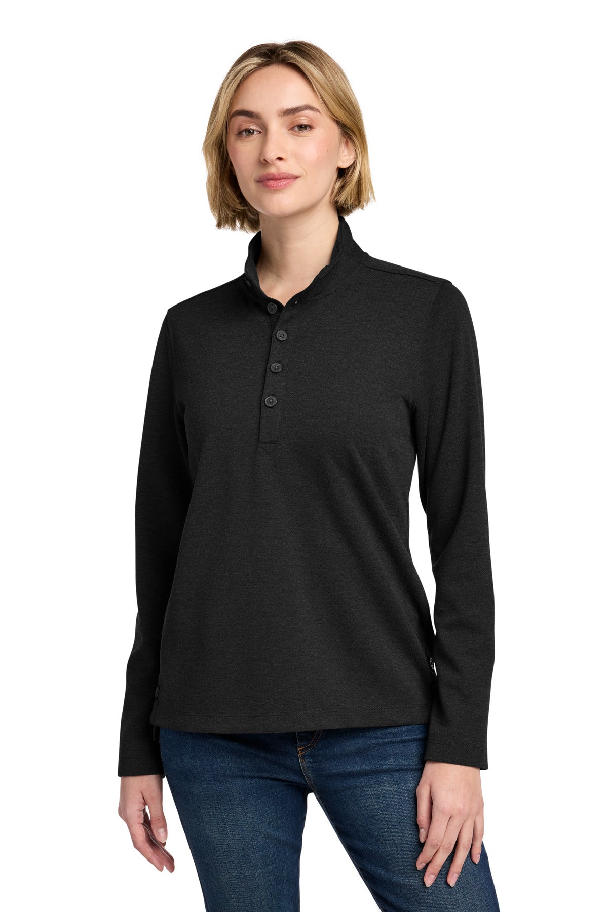 Custom Black Heather Women's Mid-Layer Stretch 1/2-Button BB18203, personalized by SanCanDo Swag in Argyle, TX