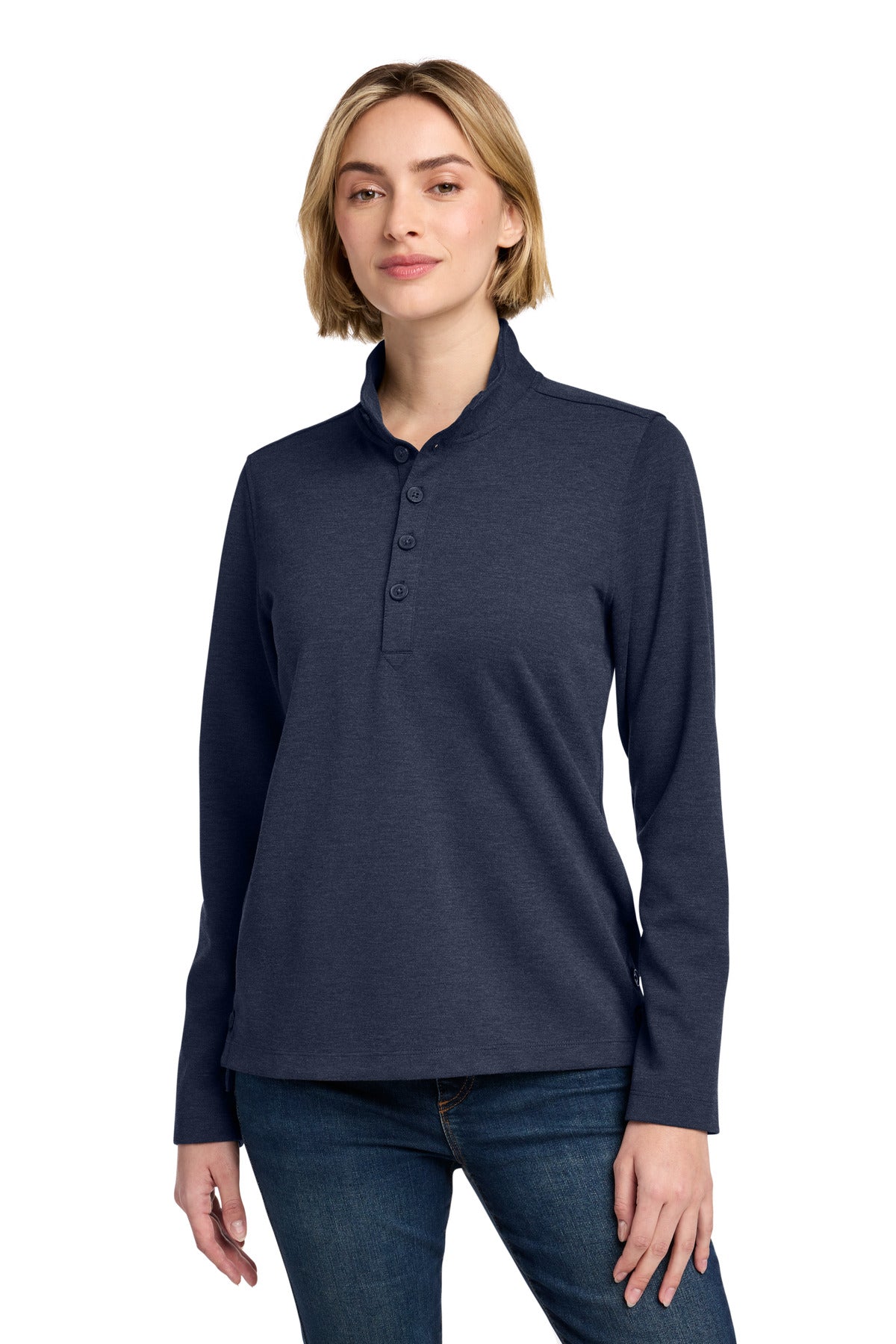 Custom Navy Blazer Heather Women's Mid-Layer Stretch 1/2-Button BB18203, personalized by SanCanDo Swag in Argyle, TX