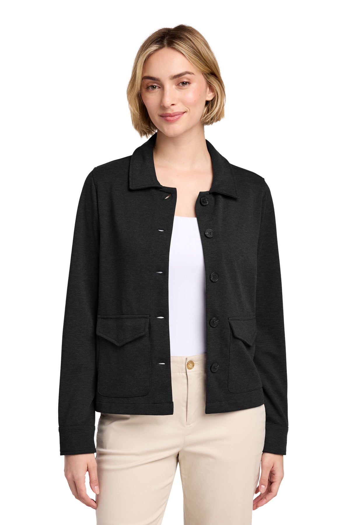 Custom Black Heather Women's Mid-Layer Stretch Button Jacket BB18205, personalized by SanCanDo Swag in Argyle, TX