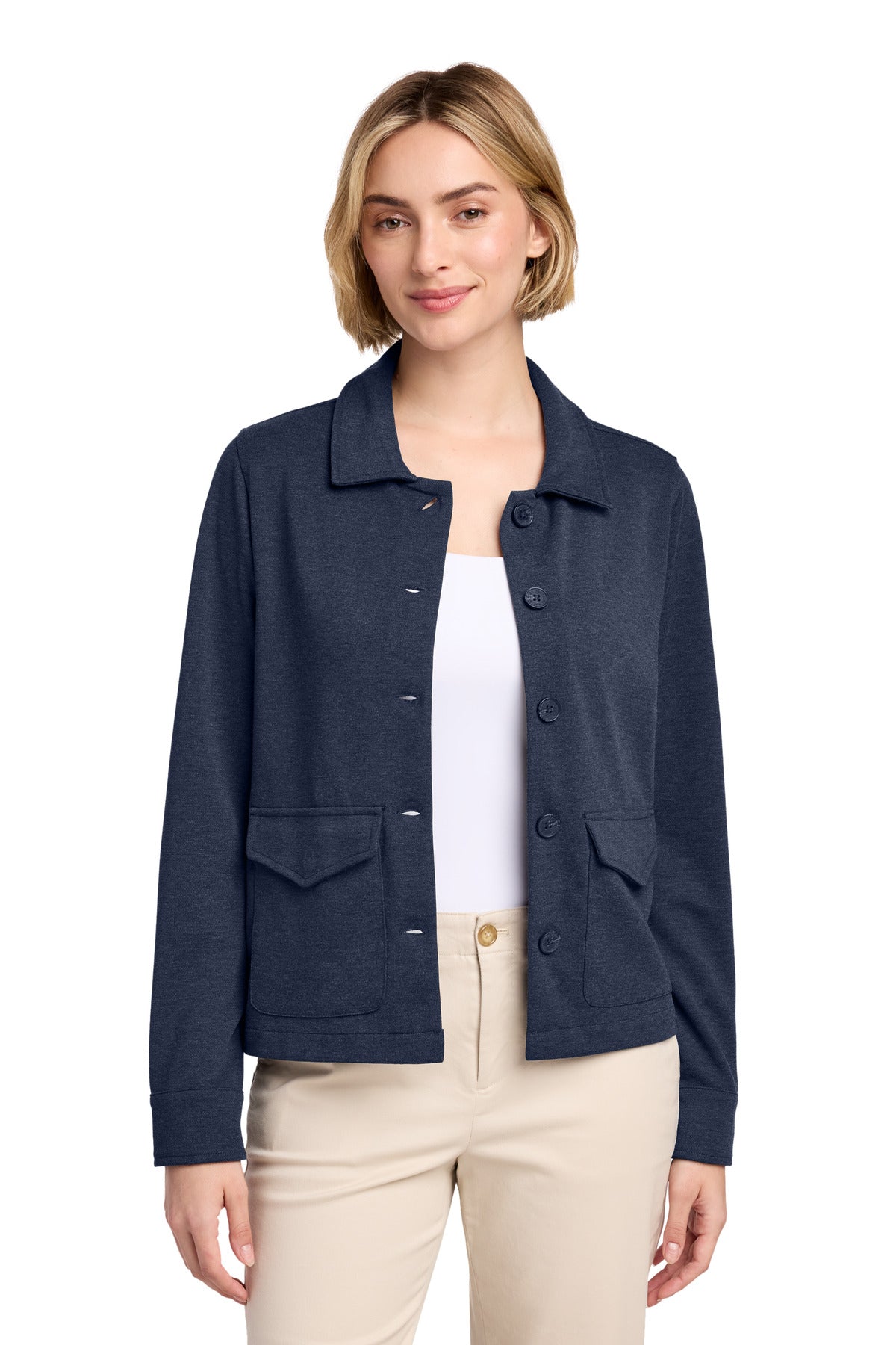 Custom Navy Blazer Heather Women's Mid-Layer Stretch Button Jacket BB18205, personalized by SanCanDo Swag in Argyle, TX