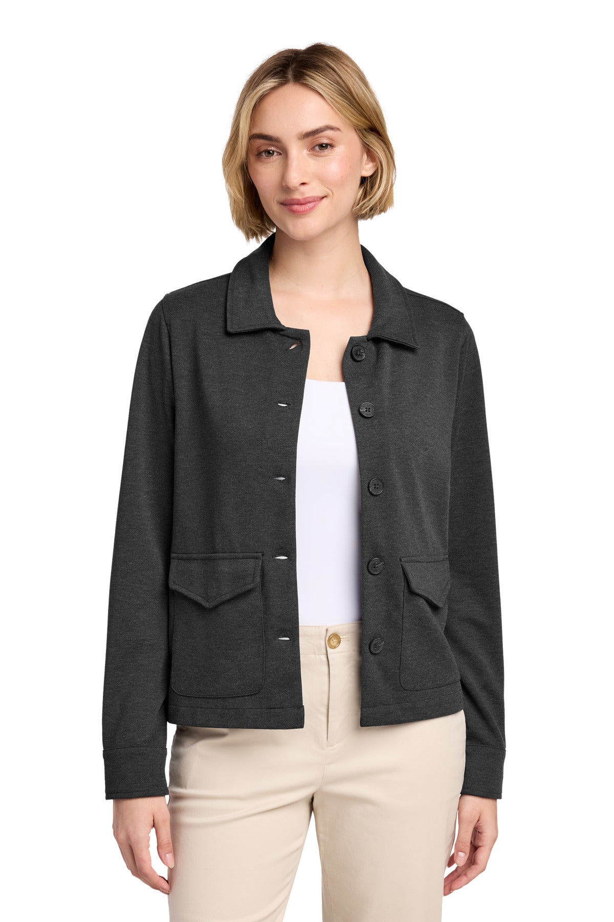 Custom Windsor Grey Heather Women's Mid-Layer Stretch Button Jacket BB18205, personalized by SanCanDo Swag in Argyle, TX