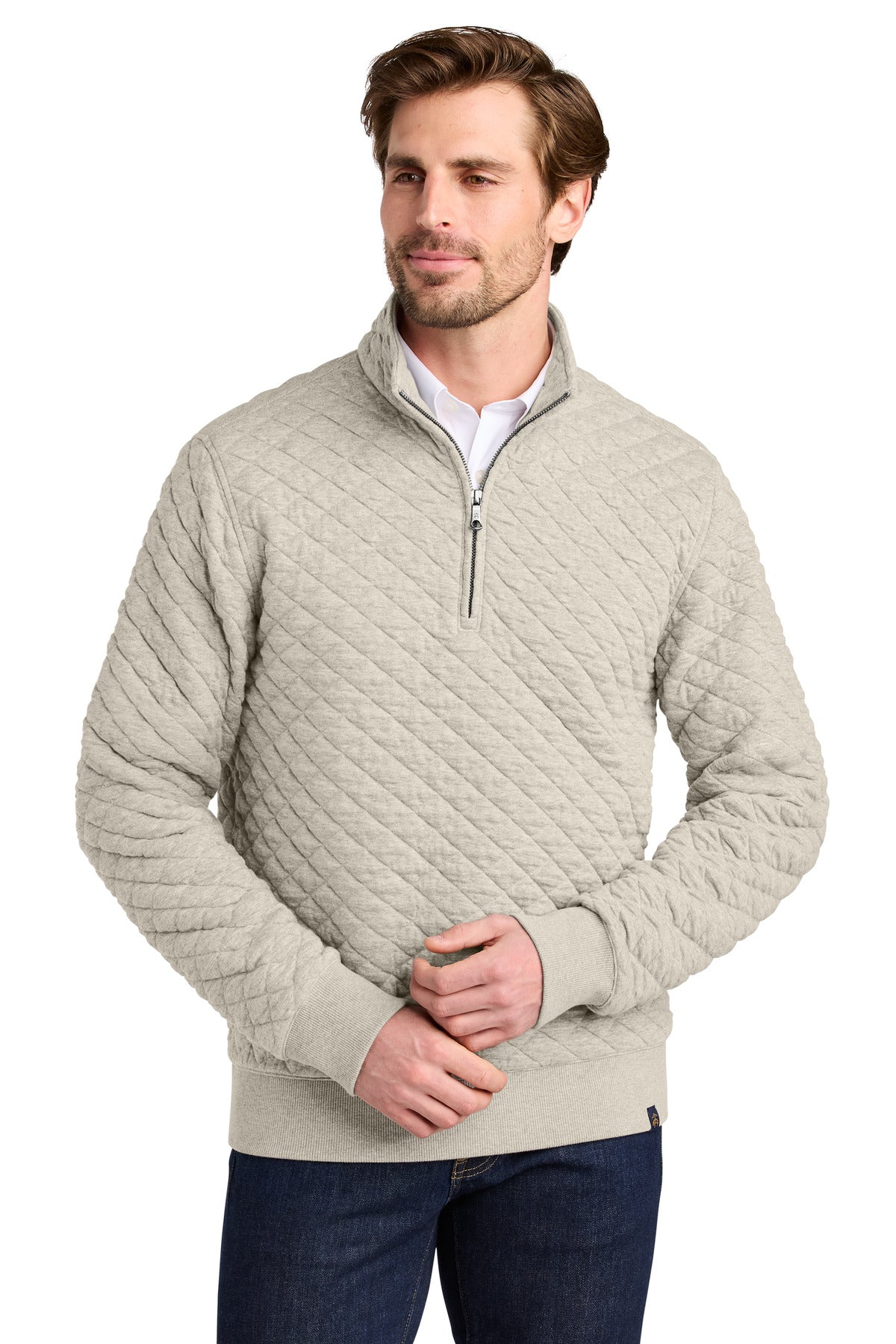 Custom Oatmeal Heather Diamond Quilt 1/4-Zip BB18212, personalized by SanCanDo Swag in Argyle, TX