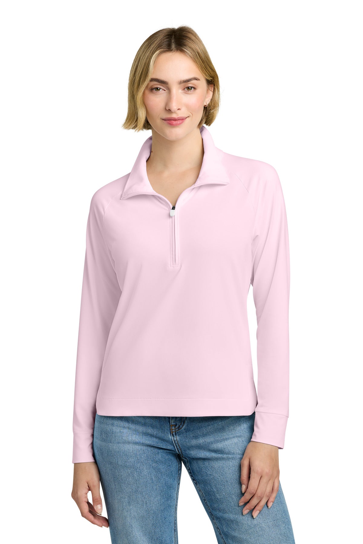 Custom Pearl Pink Women's Luxe Performance 1/4-Zip BB18215, personalized by SanCanDo Swag in Argyle, TX