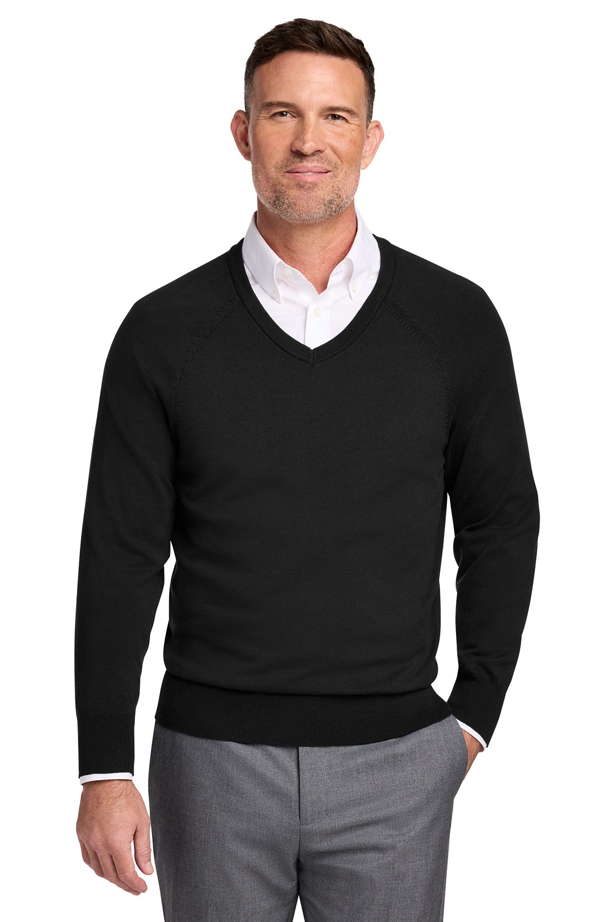 Custom Deep Black Cotton Stretch V-Neck Sweater BB18400, personalized by SanCanDo Swag in Argyle, TX