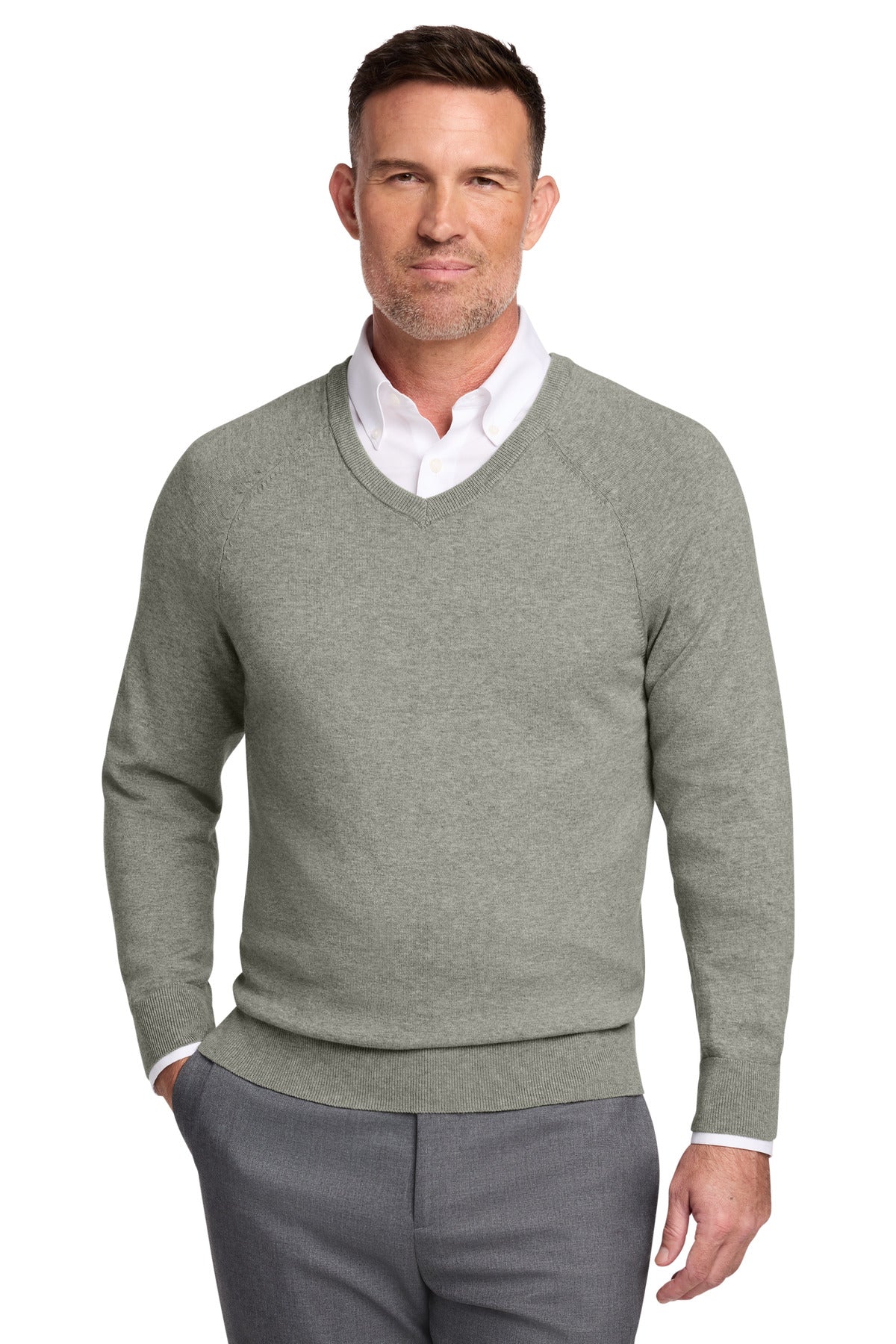 Custom Light Shadow Grey Heather Cotton Stretch V-Neck Sweater BB18400, personalized by SanCanDo Swag in Argyle, TX