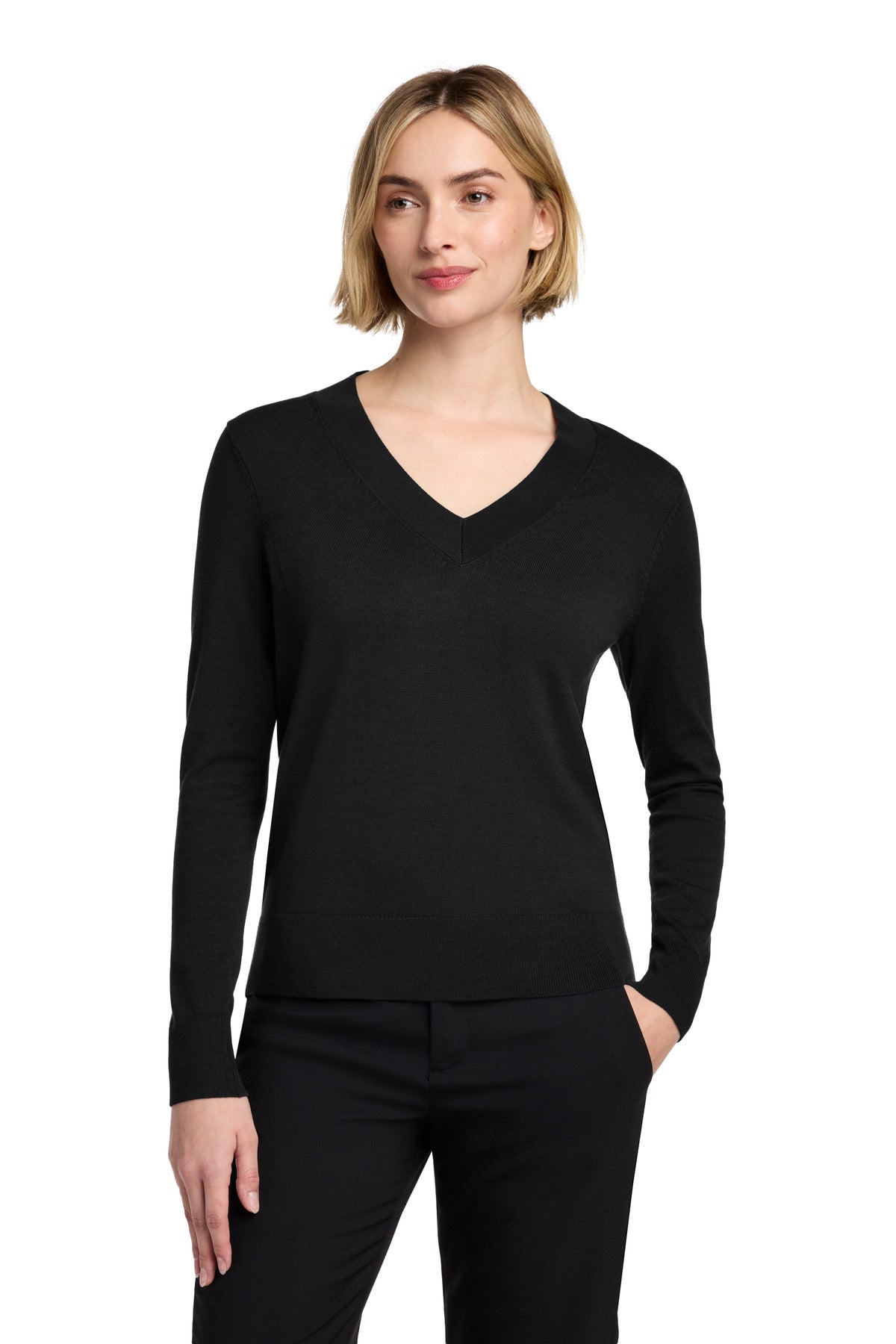 Custom Deep Black Women's Cotton Stretch V-Neck Sweater BB18401, personalized by SanCanDo Swag in Argyle, TX