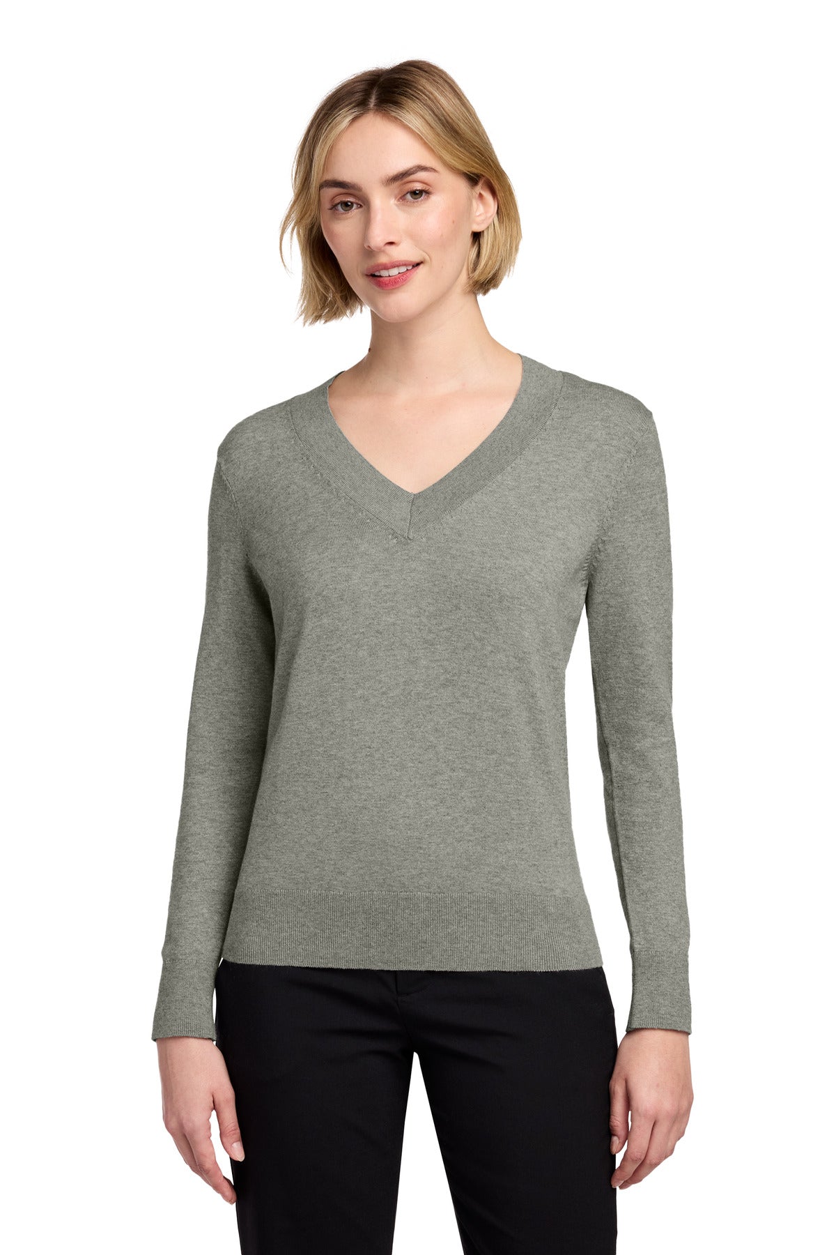 Custom Light Shadow Grey Heather Women's Cotton Stretch V-Neck Sweater BB18401, personalized by SanCanDo Swag in Argyle, TX