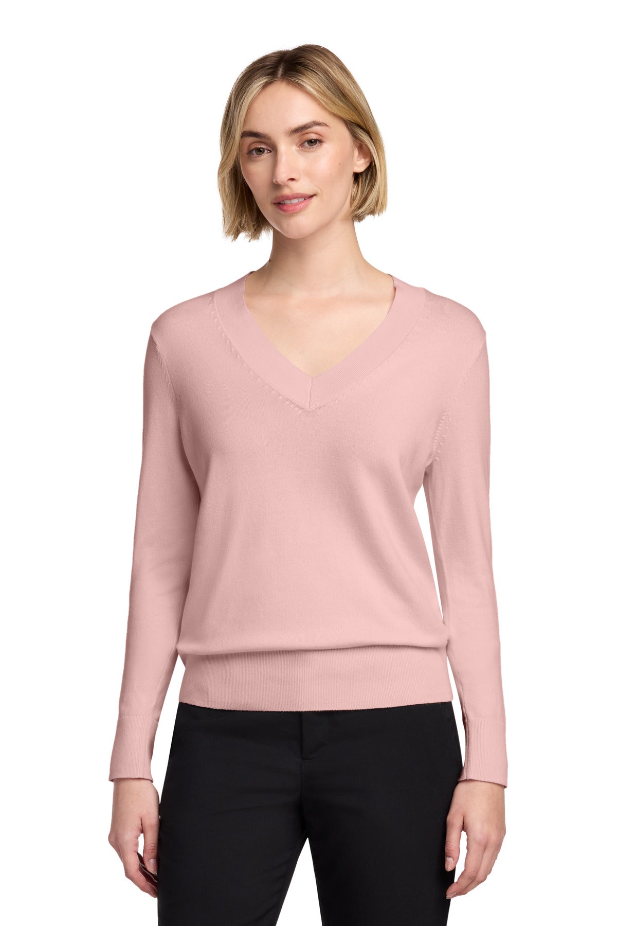 Custom Pearl Pink Women's Cotton Stretch V-Neck Sweater BB18401, personalized by SanCanDo Swag in Argyle, TX