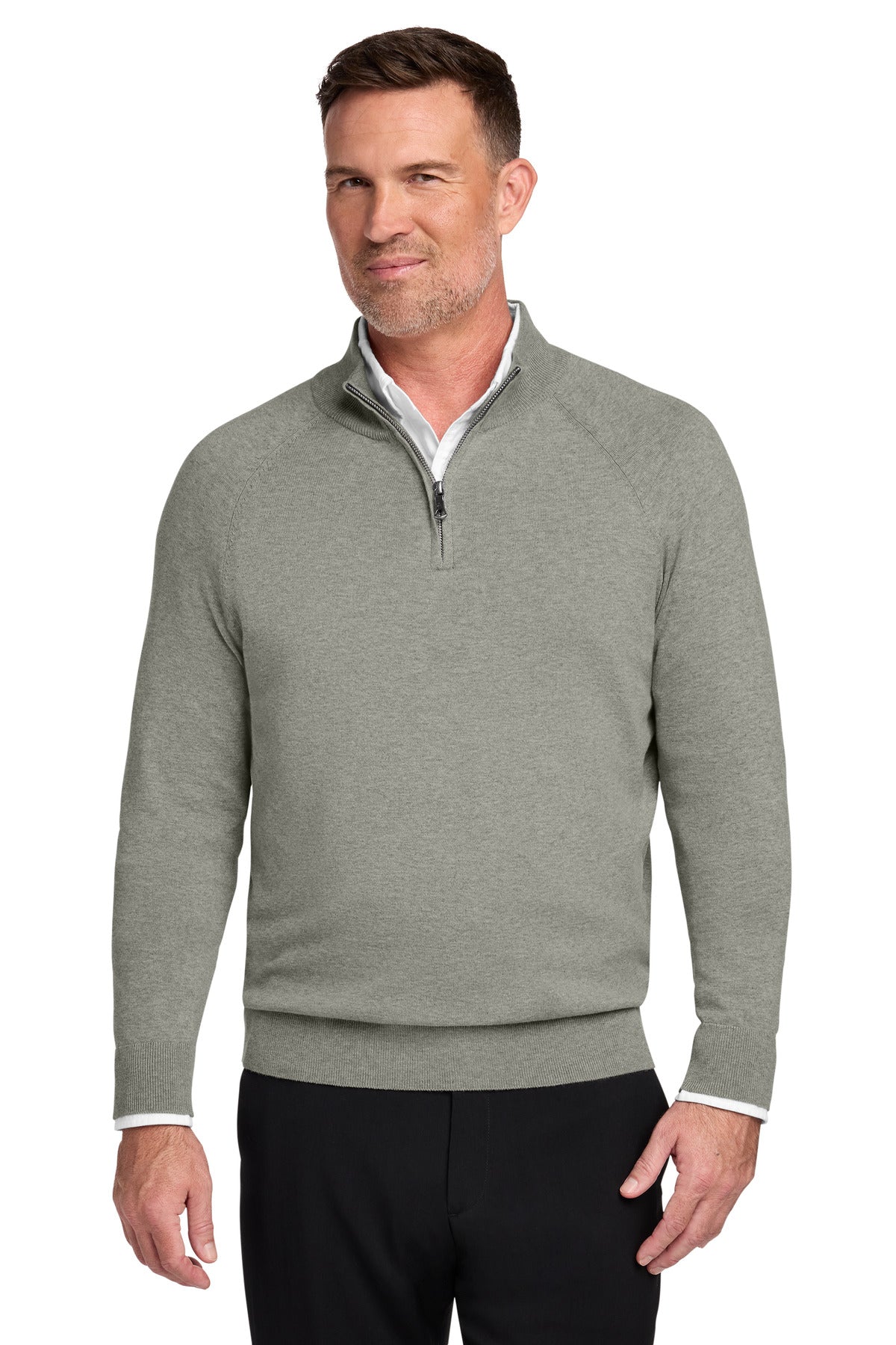Custom Light Shadow Grey Heather Cotton Stretch 1/4-Zip Sweater BB18402, personalized by SanCanDo Swag in Argyle, TX