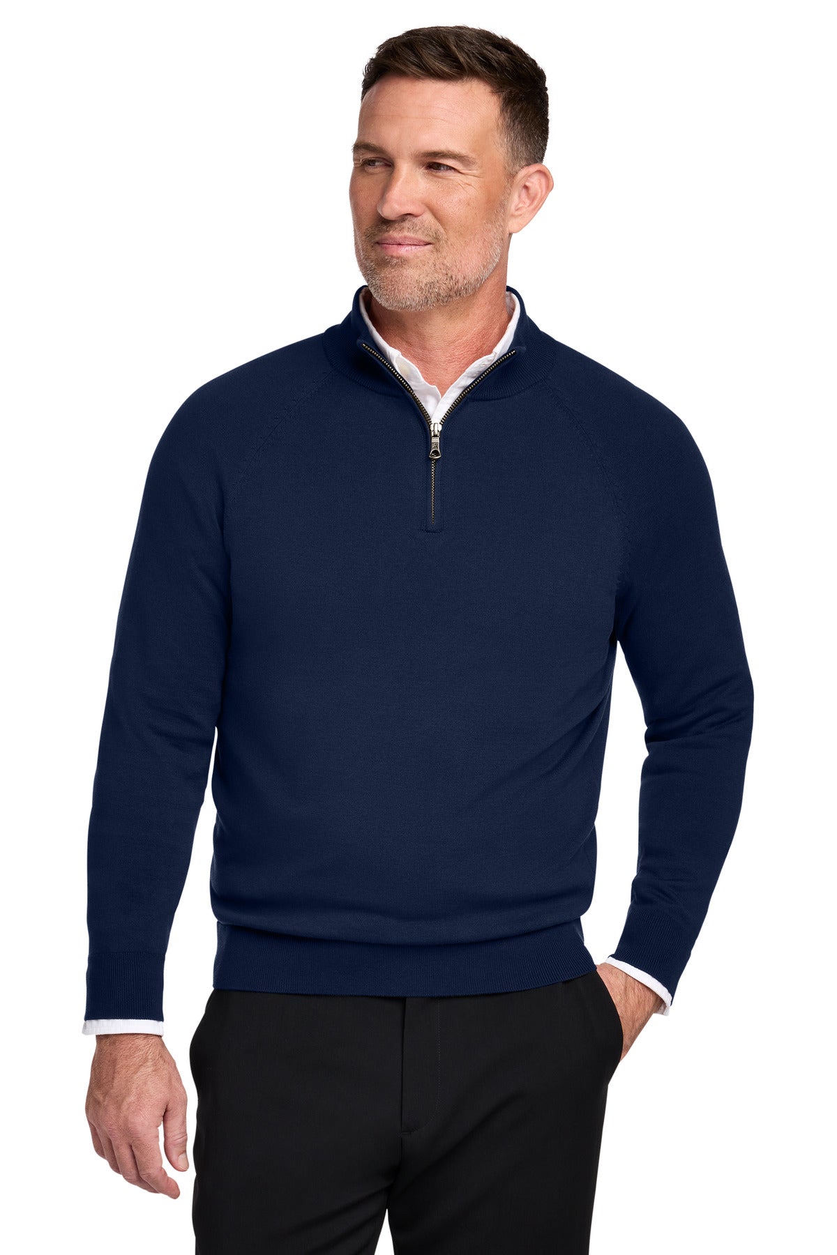 Custom Navy Blazer Cotton Stretch 1/4-Zip Sweater BB18402, personalized by SanCanDo Swag in Argyle, TX
