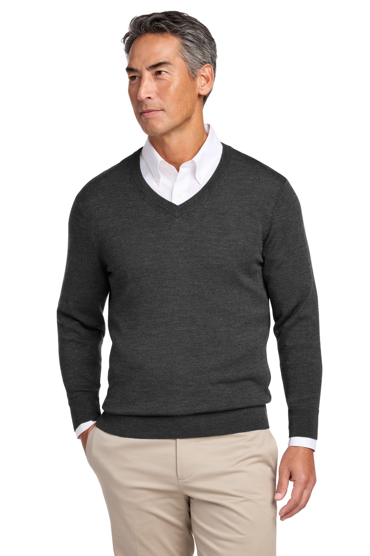 Custom Windsor Grey Heather Washable Merino V-Neck Sweater BB18410, personalized by SanCanDo Swag in Argyle, TX